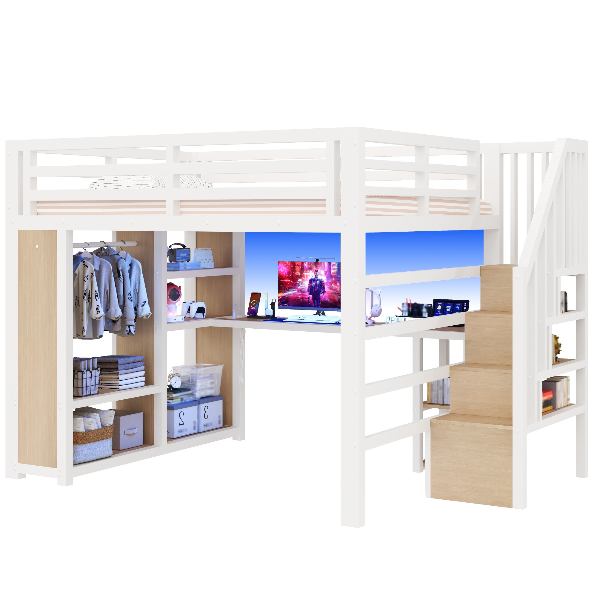 Lit mezzanine 160 x 200 cm avec éclairage LED, port USB / Type-C, rangements intégrés, bureau intégré, blanc - points forts 1