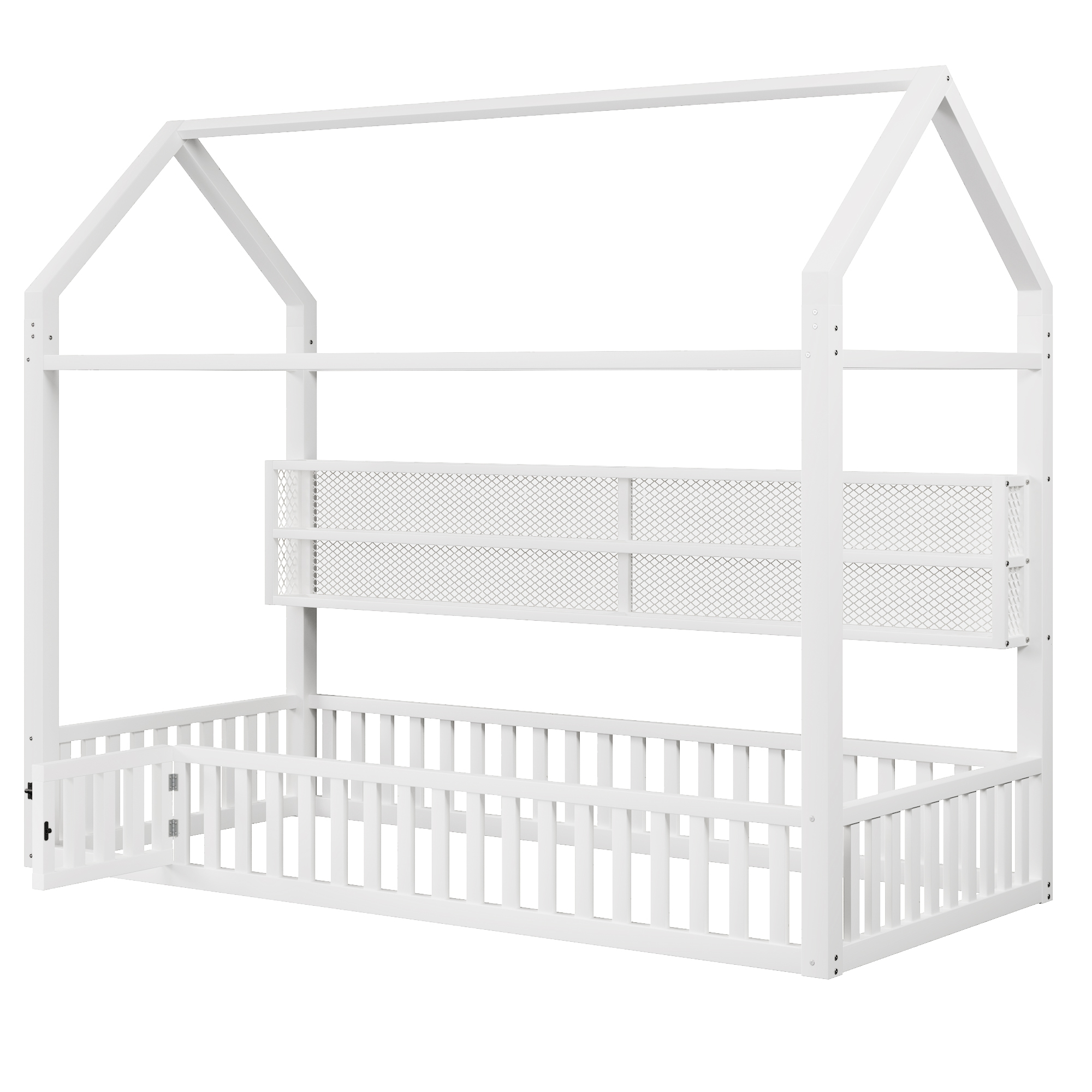 Lit plateforme 90 x 200 cm, design cabane, éclairage LED sous le couchage, garde-corps, métal, blanc, 204 x 95 x 170 cm 🏠 - points forts 1