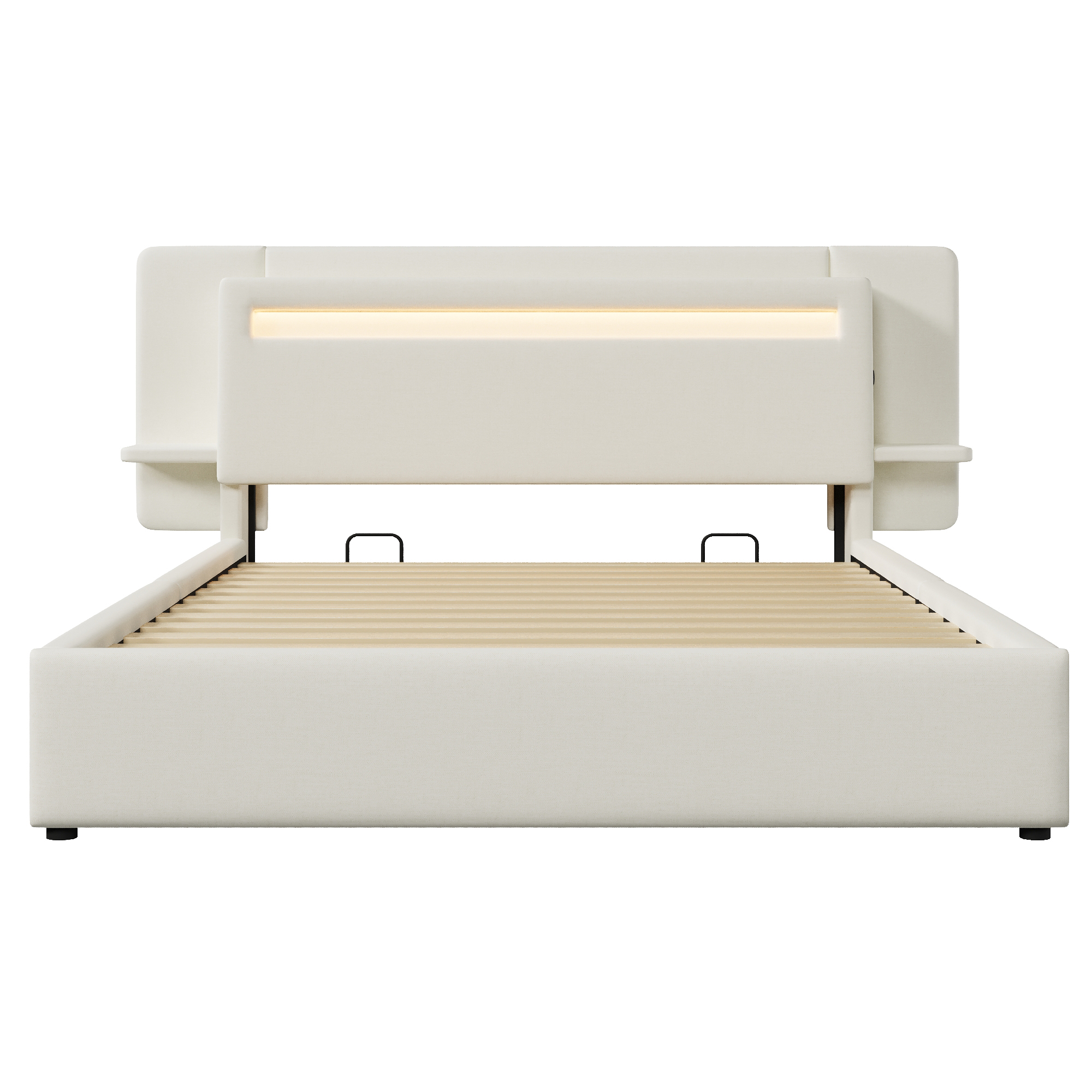 Lit banquette 140x200 cm,en lin,coffre de rangement hydraulique,éclairage LED,port USB,beige,lit 2 places,lit avec coffre de rangement