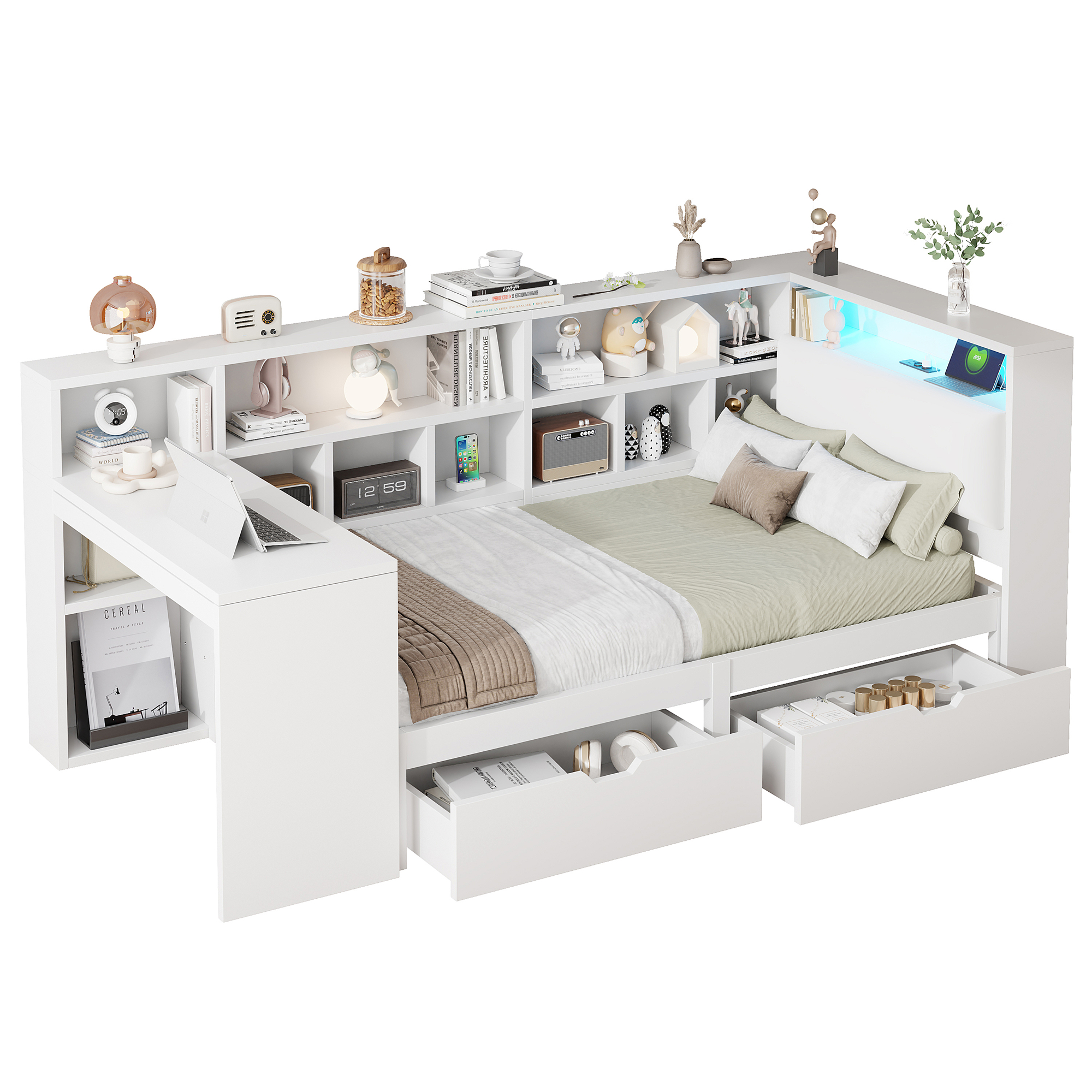Lit / lit de chambre 90 x 200 cm avec éclairage LED, port USB / Type-C, rangements intégrés, bureau intégré, blanc - points forts 1