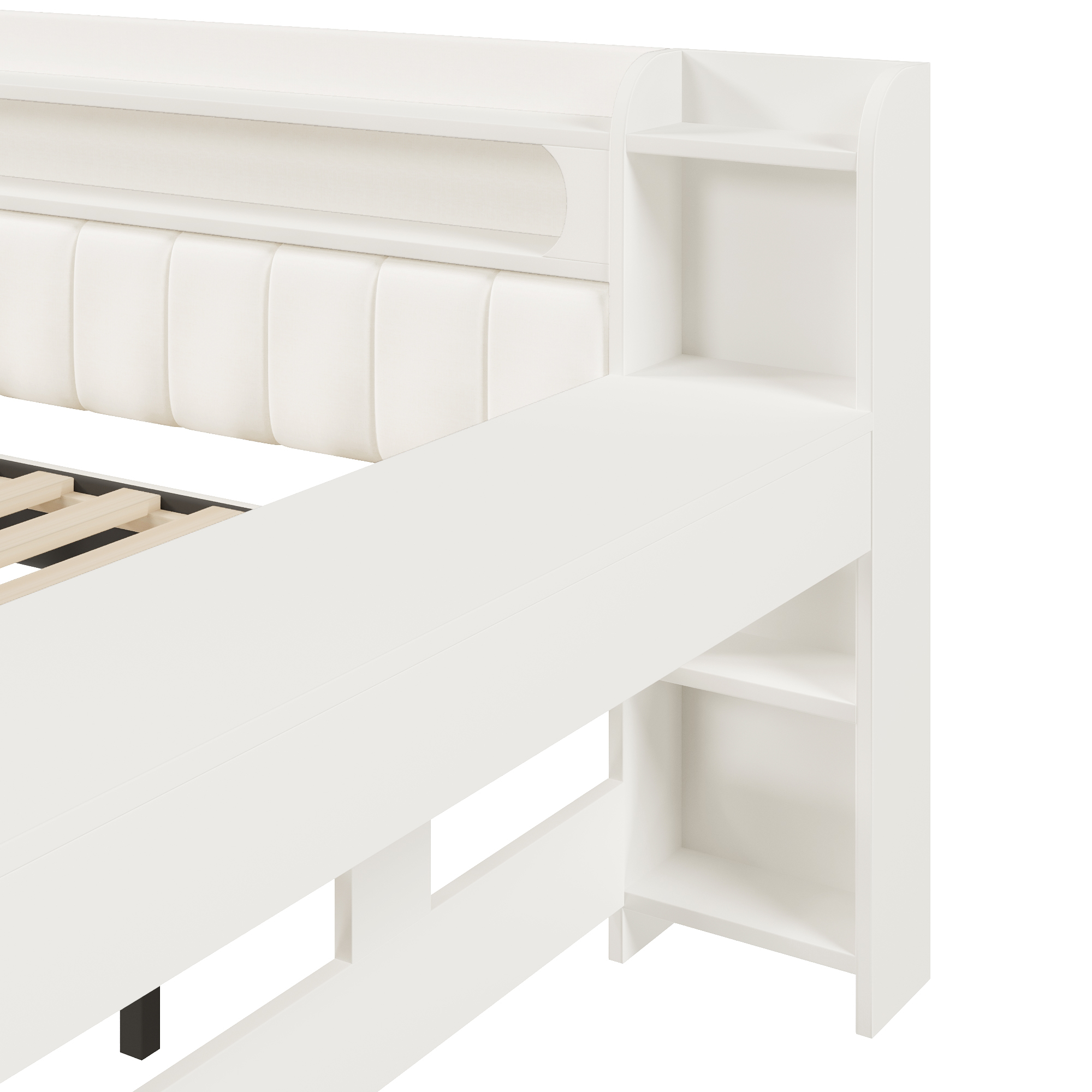 Lit banquette 140x200 cm,en bois,lit gigogne,rangement intégré,bureau intégré,éclairage LED,port USB,blanc,lit 2 places