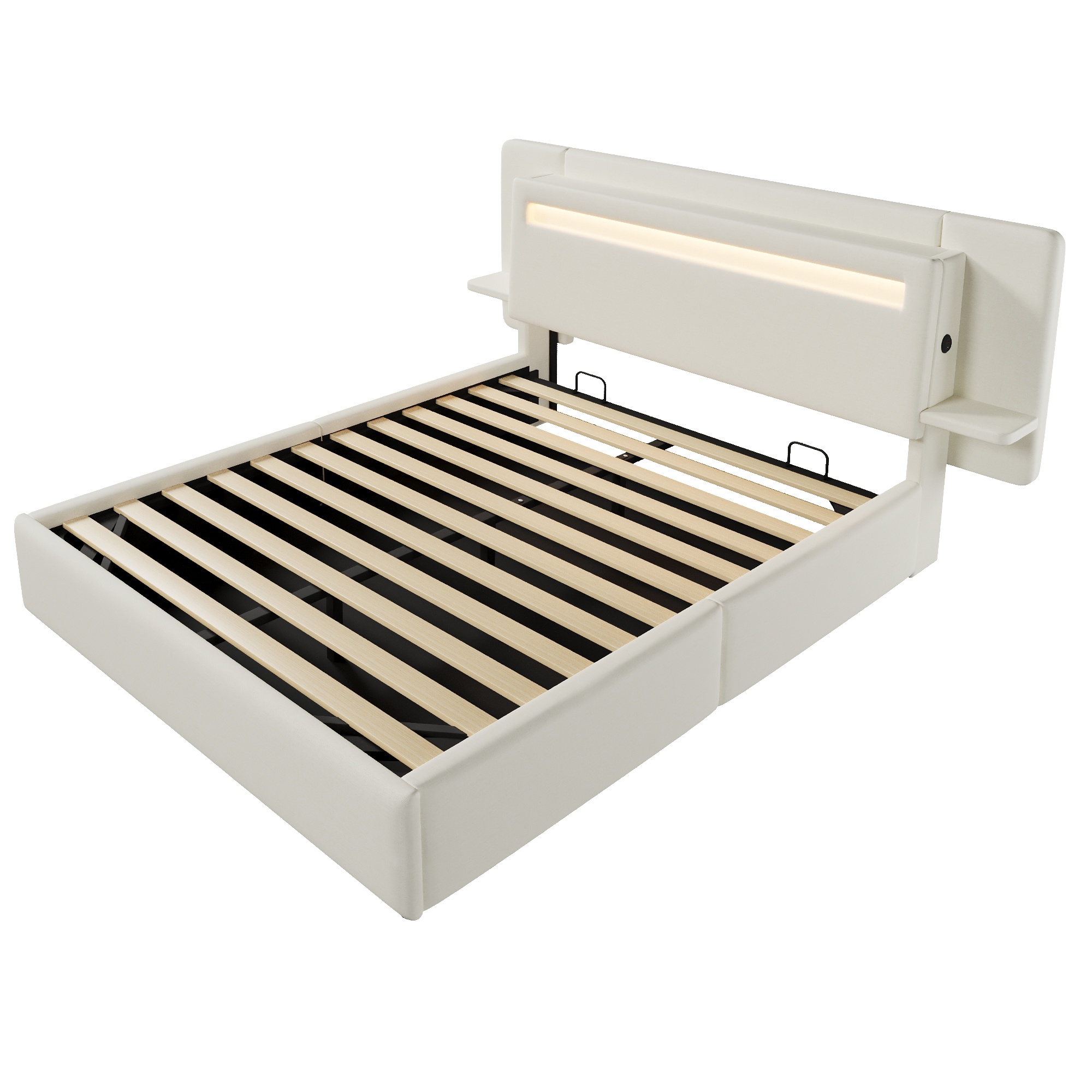 Lit banquette 140x200 cm,en lin,coffre de rangement hydraulique,éclairage LED,port USB,beige,lit 2 places,lit avec coffre de rangement