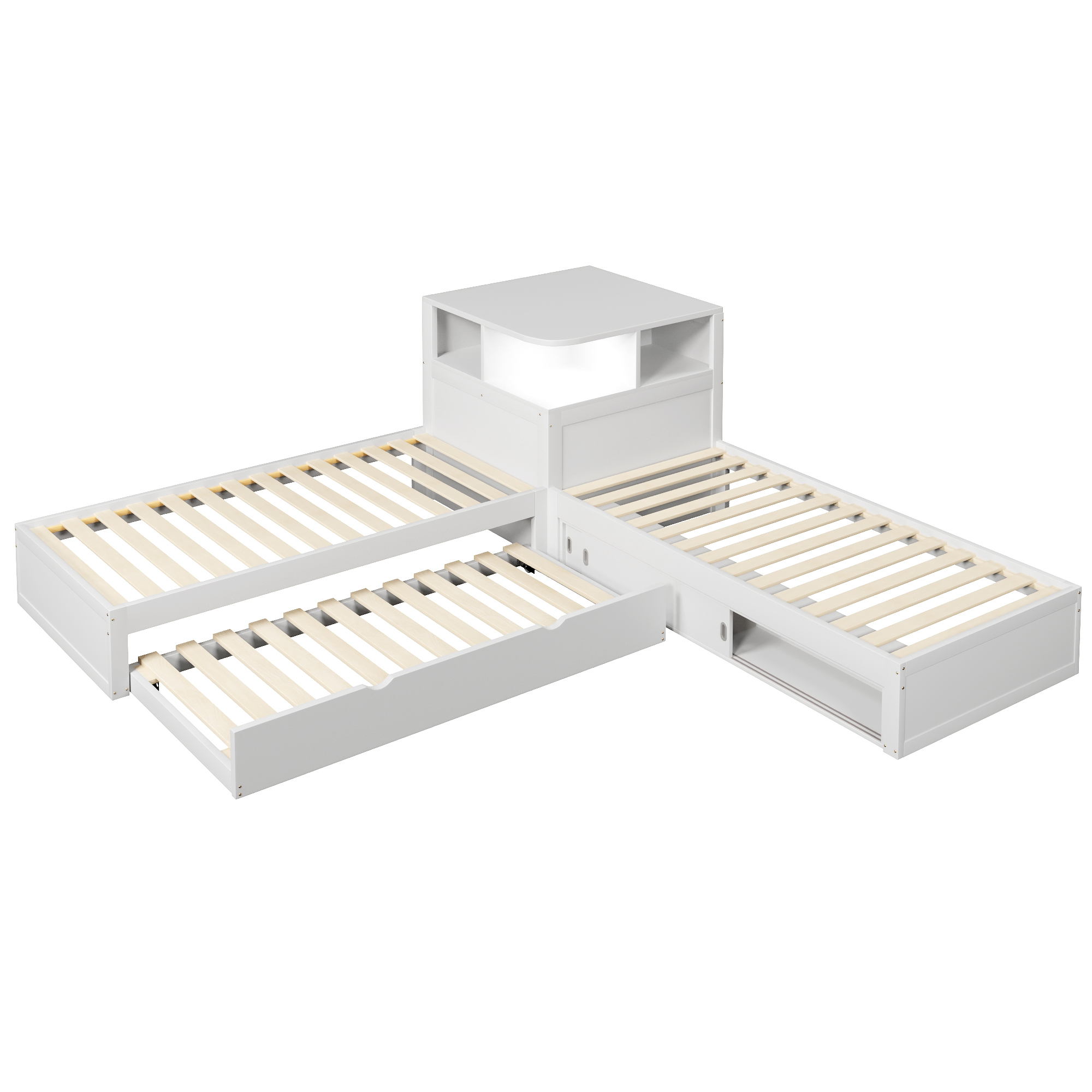 Lit plateforme 90x200 cm,en bois,lit enfant,lit gigogne,rangement à portes coulissantes,éclairage LED,blanc