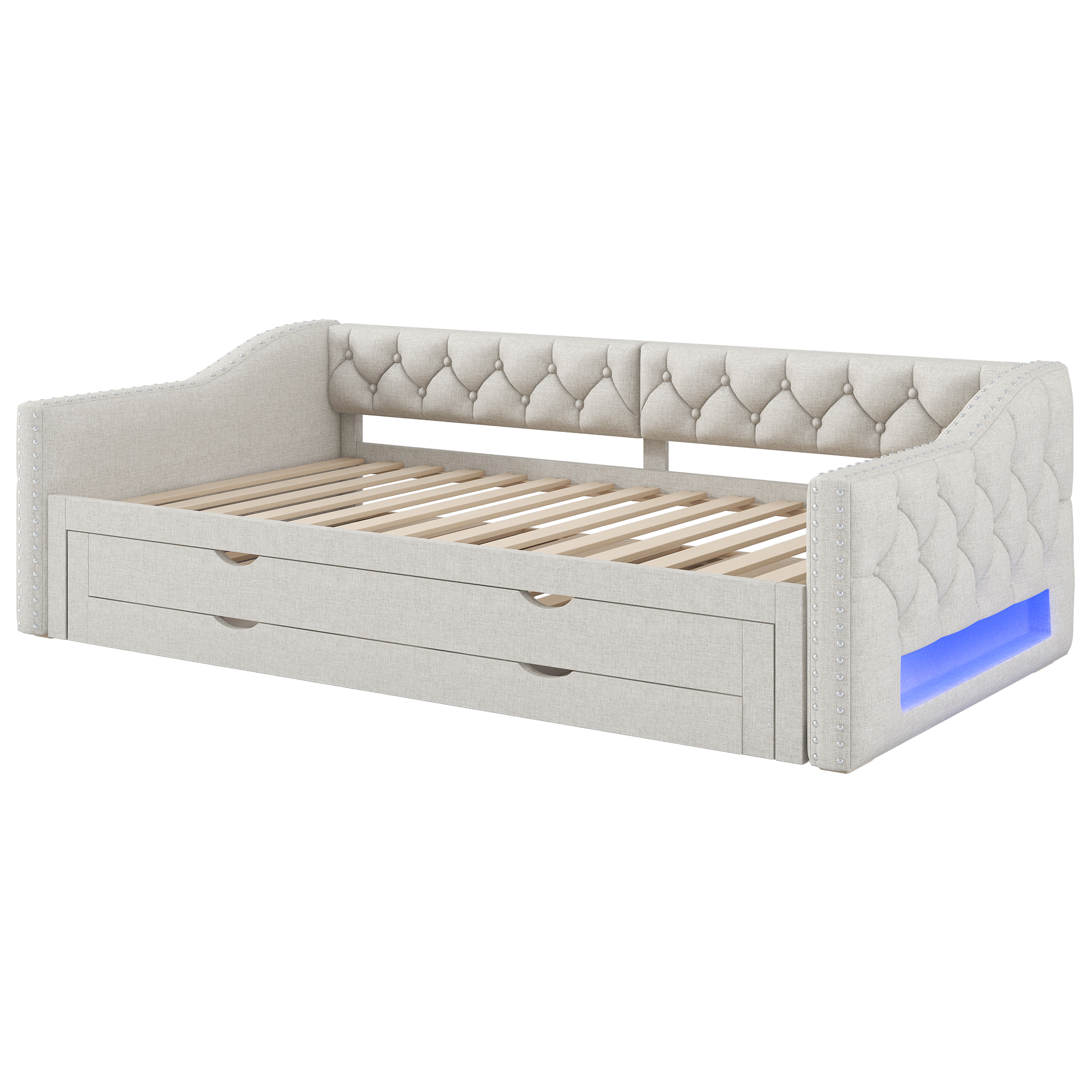 Présentation de Lit gigogne rembourré en lin 90 x 200 cm avec tiroirs et LED, Beige