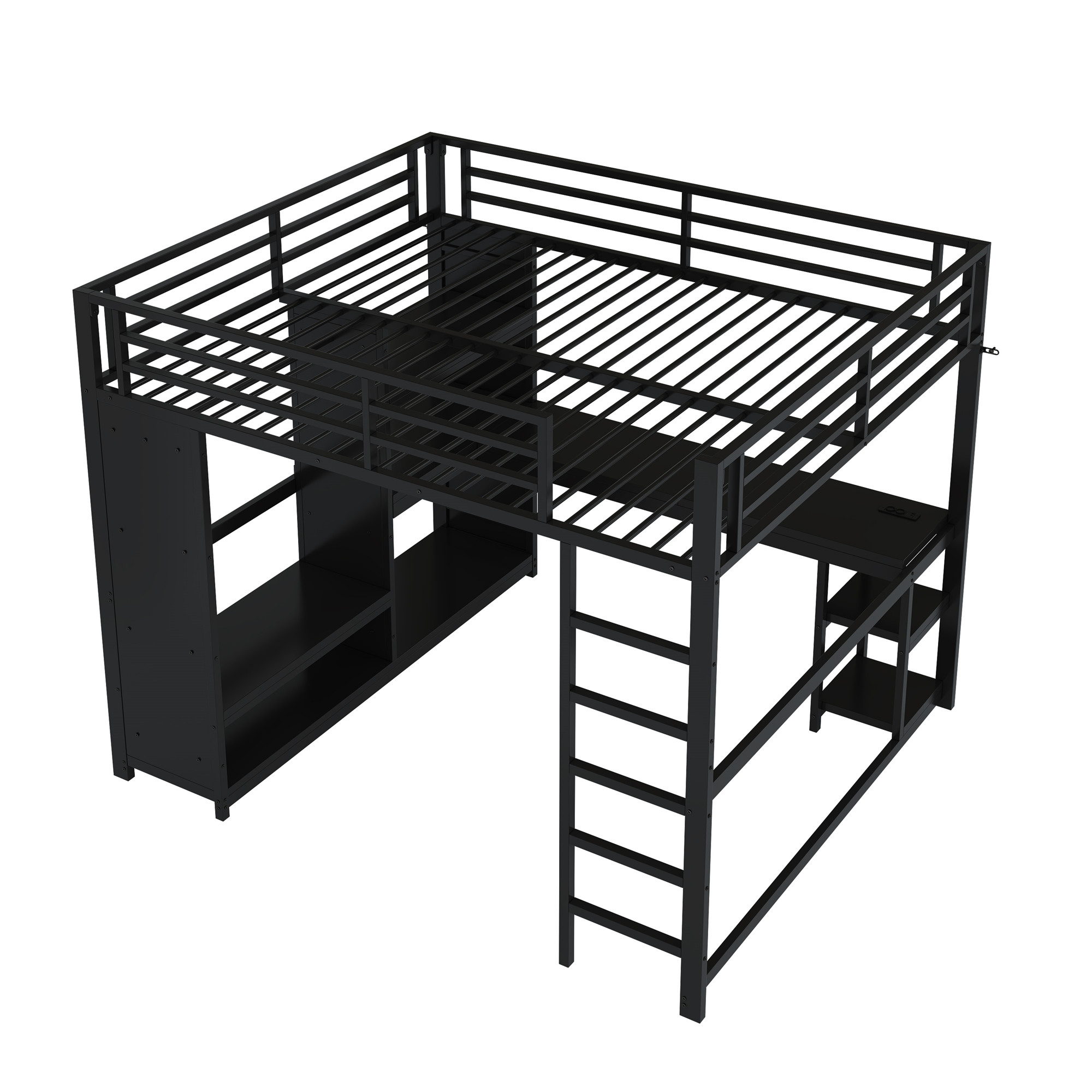 Lit mezzanine 160 x 200 cm, bureau intégré, échelle, penderie intégrée, éclairage LED au niveau du bureau, métal, noir, 204 x 165 x 180 cm - points forts 1