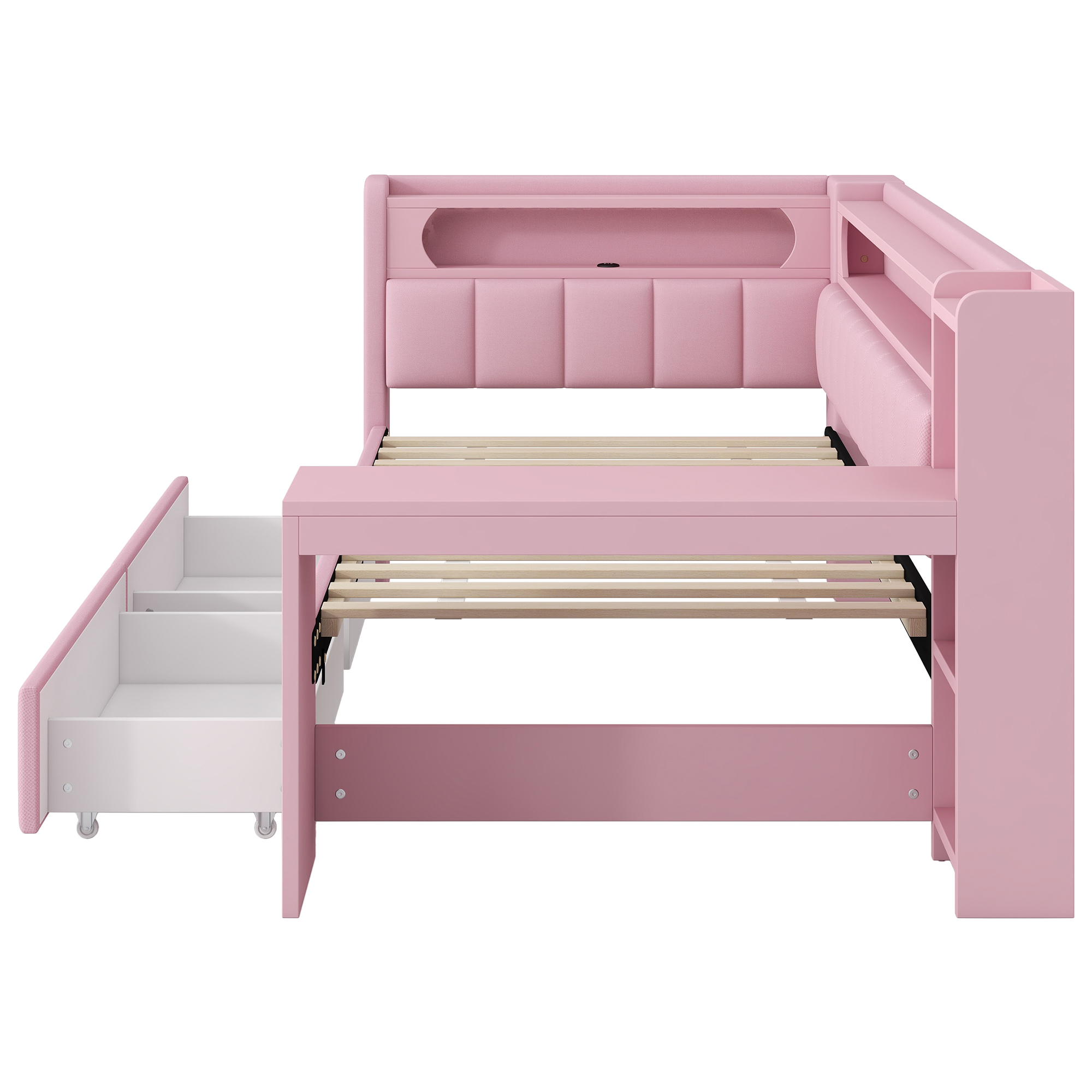 Lit banquette 90x200 cm,en bois,tiroirs de rangement,bureau intégré,éclairage LED,port USB,rose,lit 1 place,lit avec rangement intégré