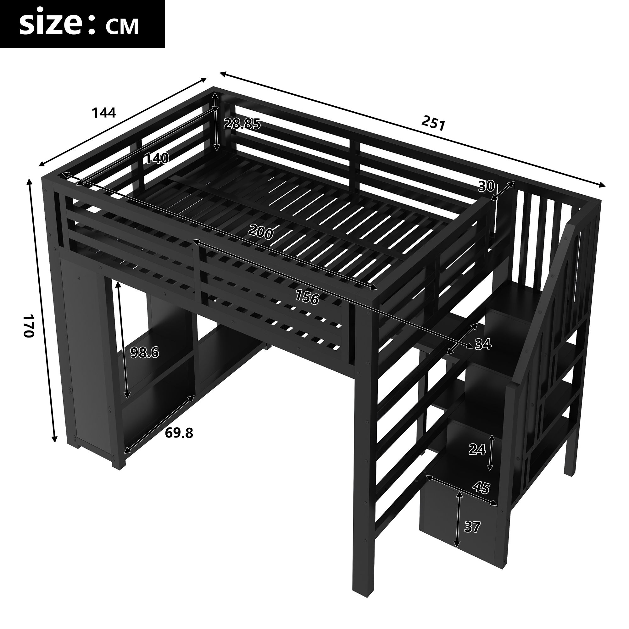 Lit mezzanine 140 x 200 cm avec éclairage LED, port USB / Type-C, rangements intégrés, bureau intégré, noir - vue complémentaire 1