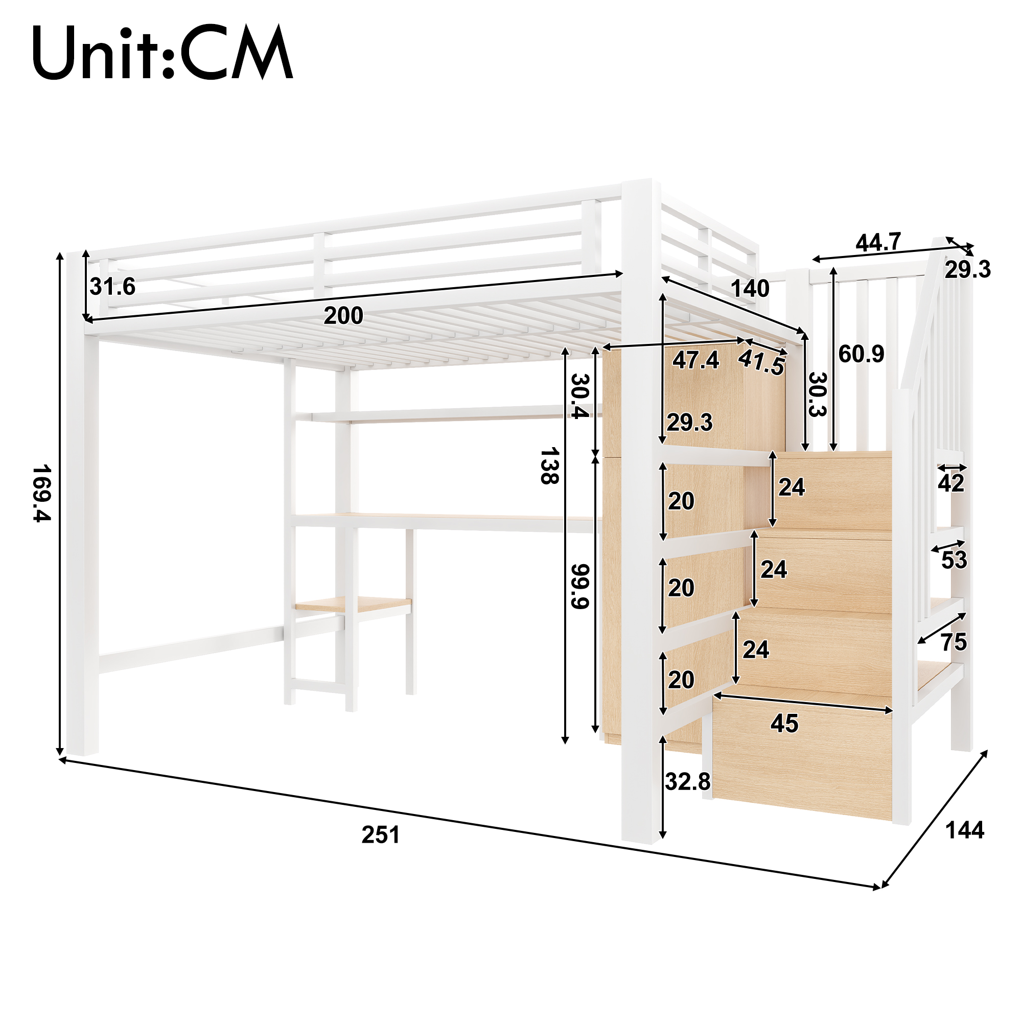 Lit mezzanine 140 x 200 cm, bureau intégré, escalier de rangement, penderie intégrée, éclairage LED au niveau du bureau, métal, blanc, 251 x 144 x 169,4 cm - vue complémentaire 1