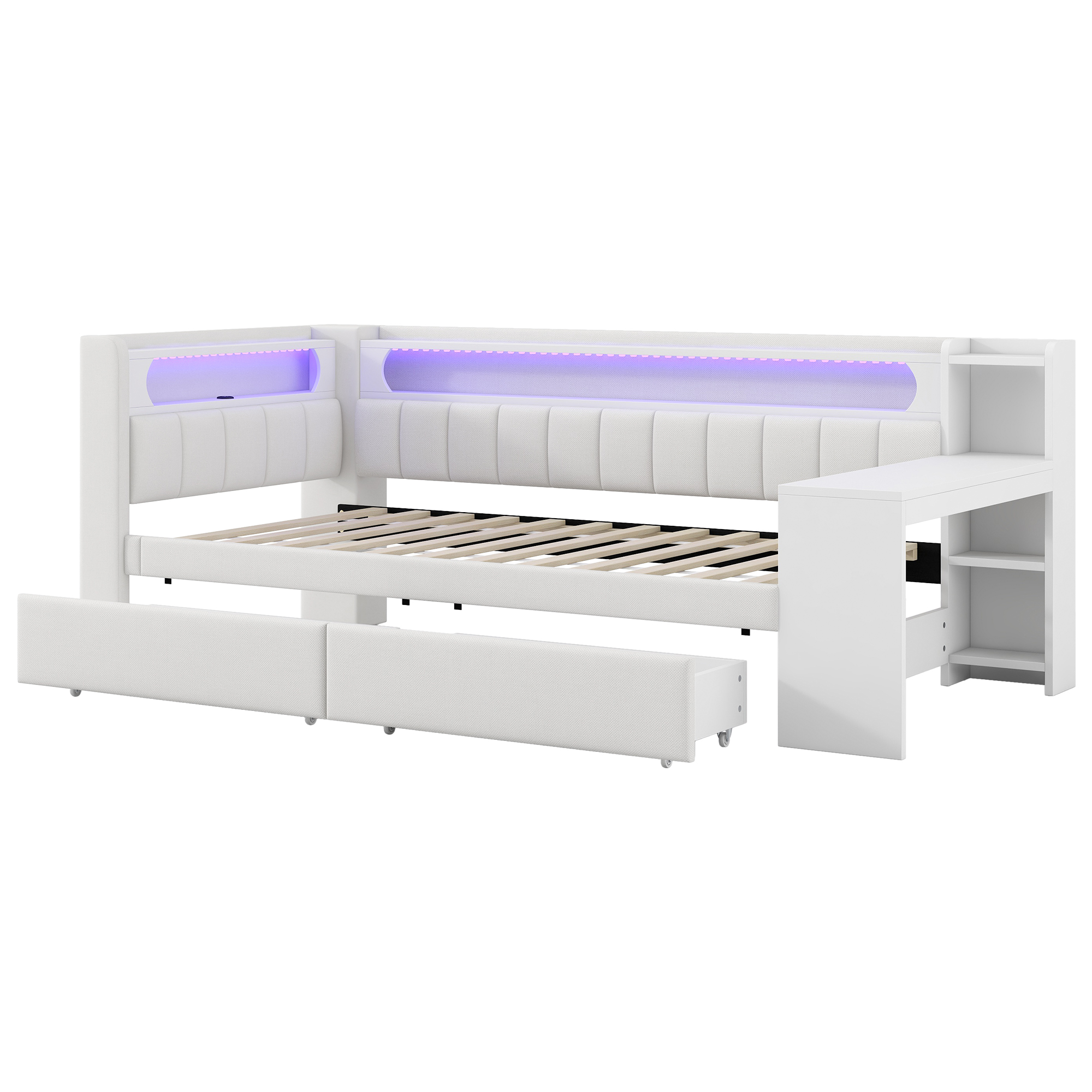 Lit banquette 90x200 cm,en bois,tiroirs de rangement,bureau intégré,éclairage LED,port USB,blanc,lit 1 place,lit avec rangement intégré