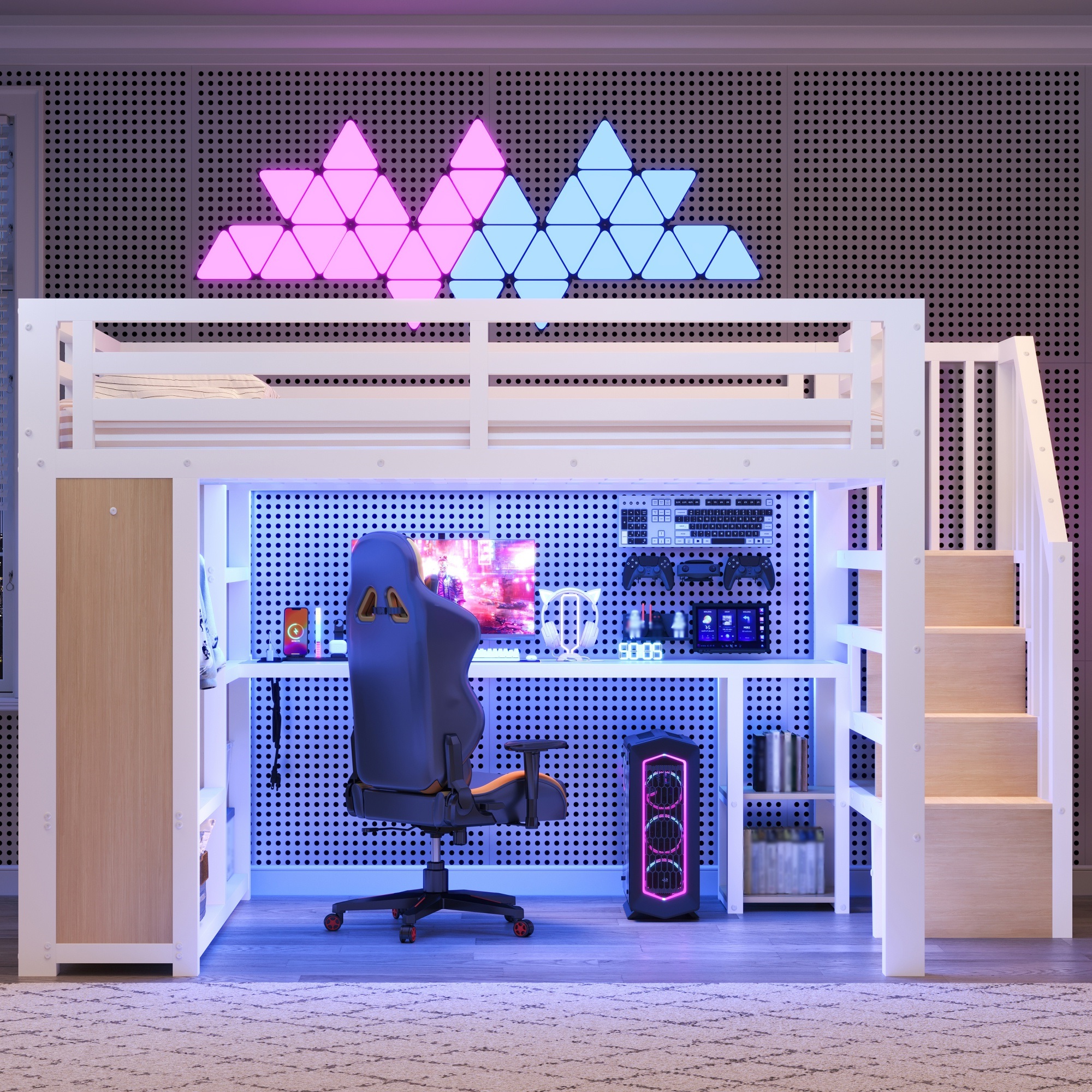 Lit mezzanine 160 x 200 cm avec éclairage LED, port USB / Type-C, rangements intégrés, bureau intégré, blanc - présentation 1