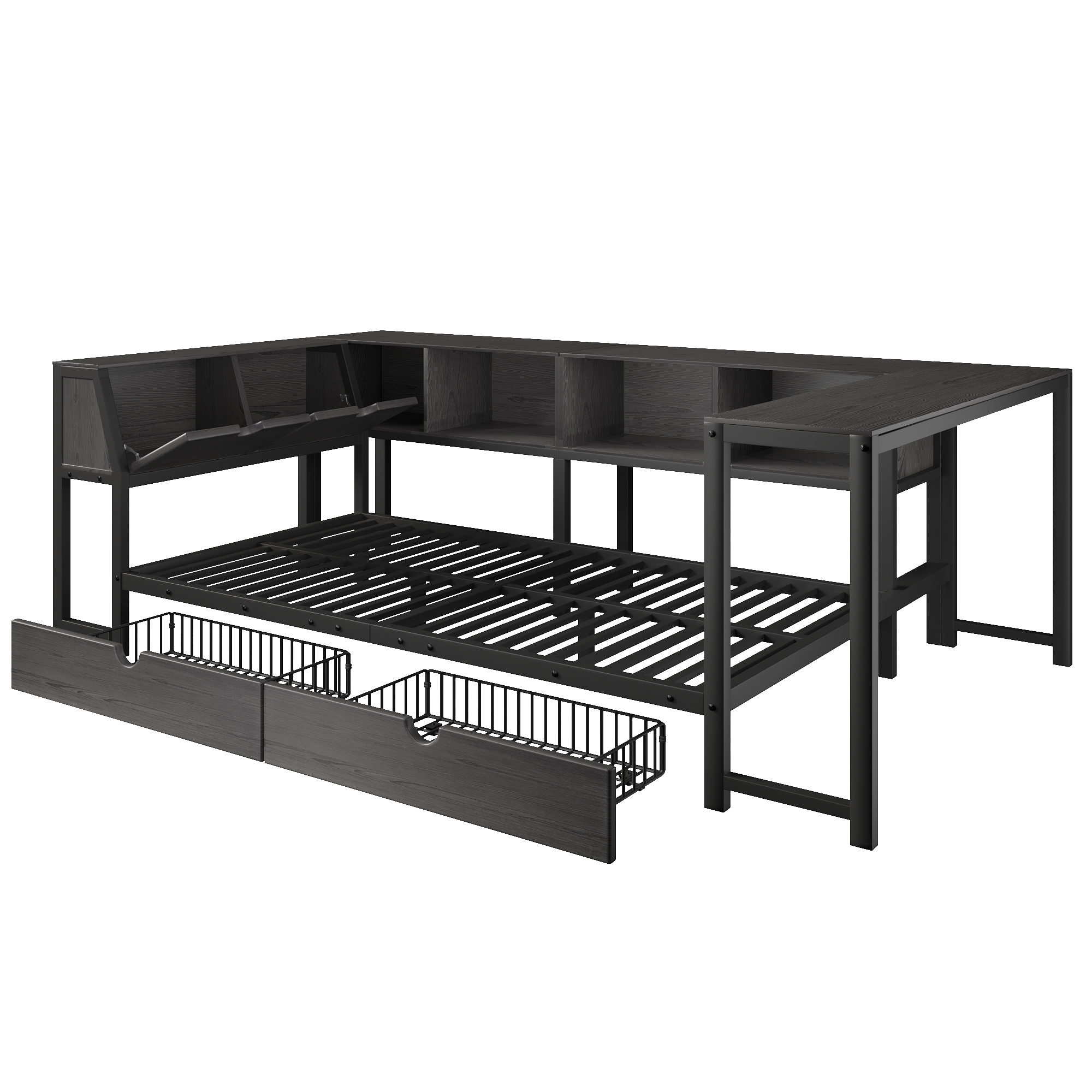 Lit en métal 90x200 cm,en métal,lit enfant,tiroirs de rangement,bureau intégré,éclairage LED,noir,lit avec rangement intégré