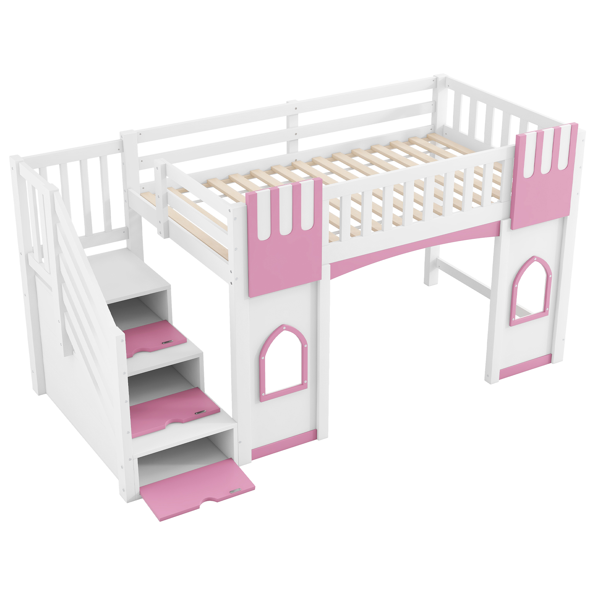Lit mezzanine 90 x 200 cm, escalier de rangement, toboggan, design cabane, garde-corps, bois de pin, blanc et rose, 253 x 95 x 127,5 cm 🏠 - présentation 1