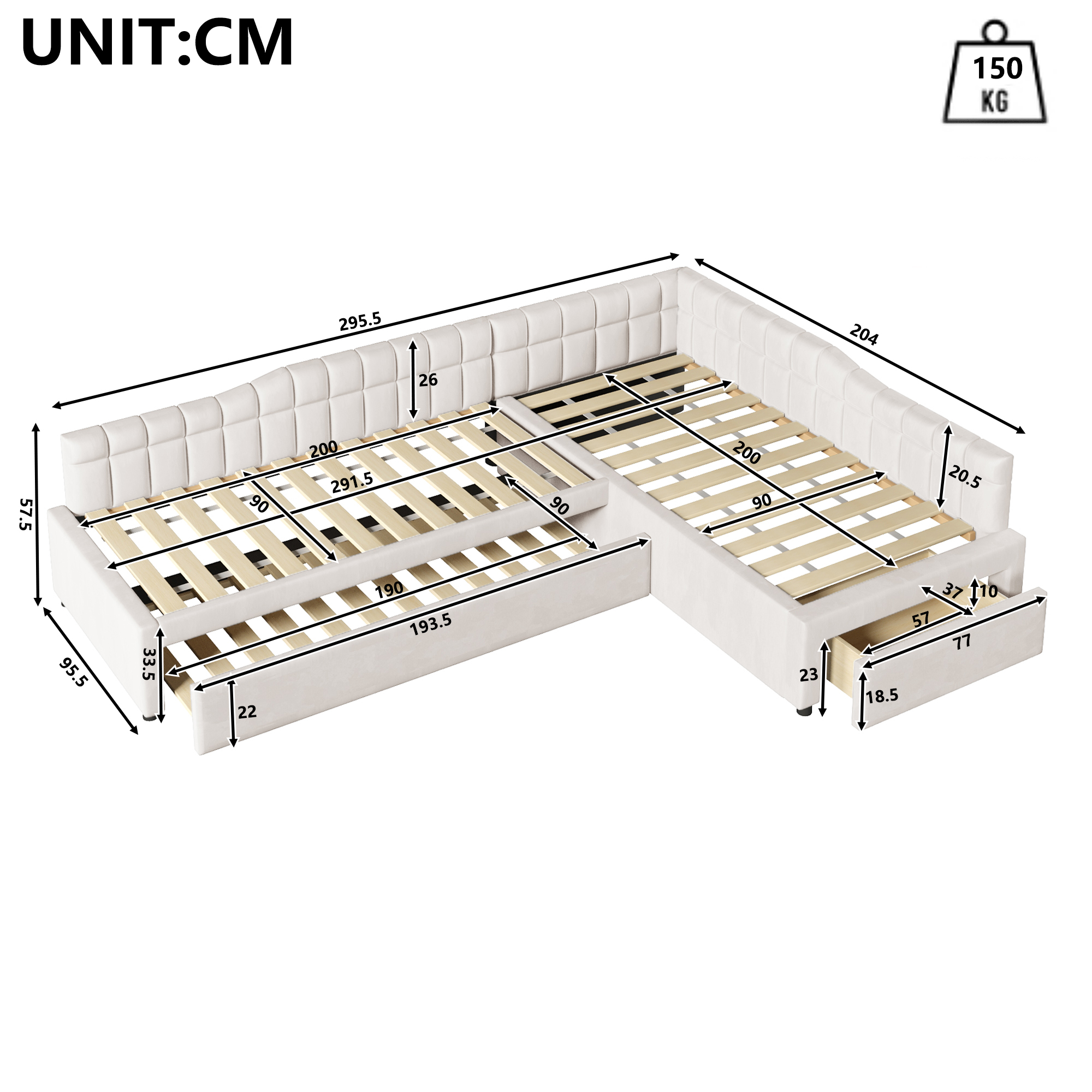Lit rembourré 90 x 200 cm, lit gigogne 90 x 200 cm, tiroirs de rangement, MDF, beige, 295,5 x 95,5 x 57,5 cm 🛏️↔ - vue complémentaire 1