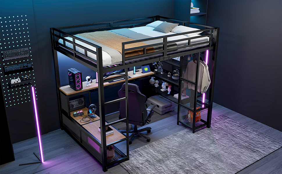 Lit mezzanine noir avec bureau