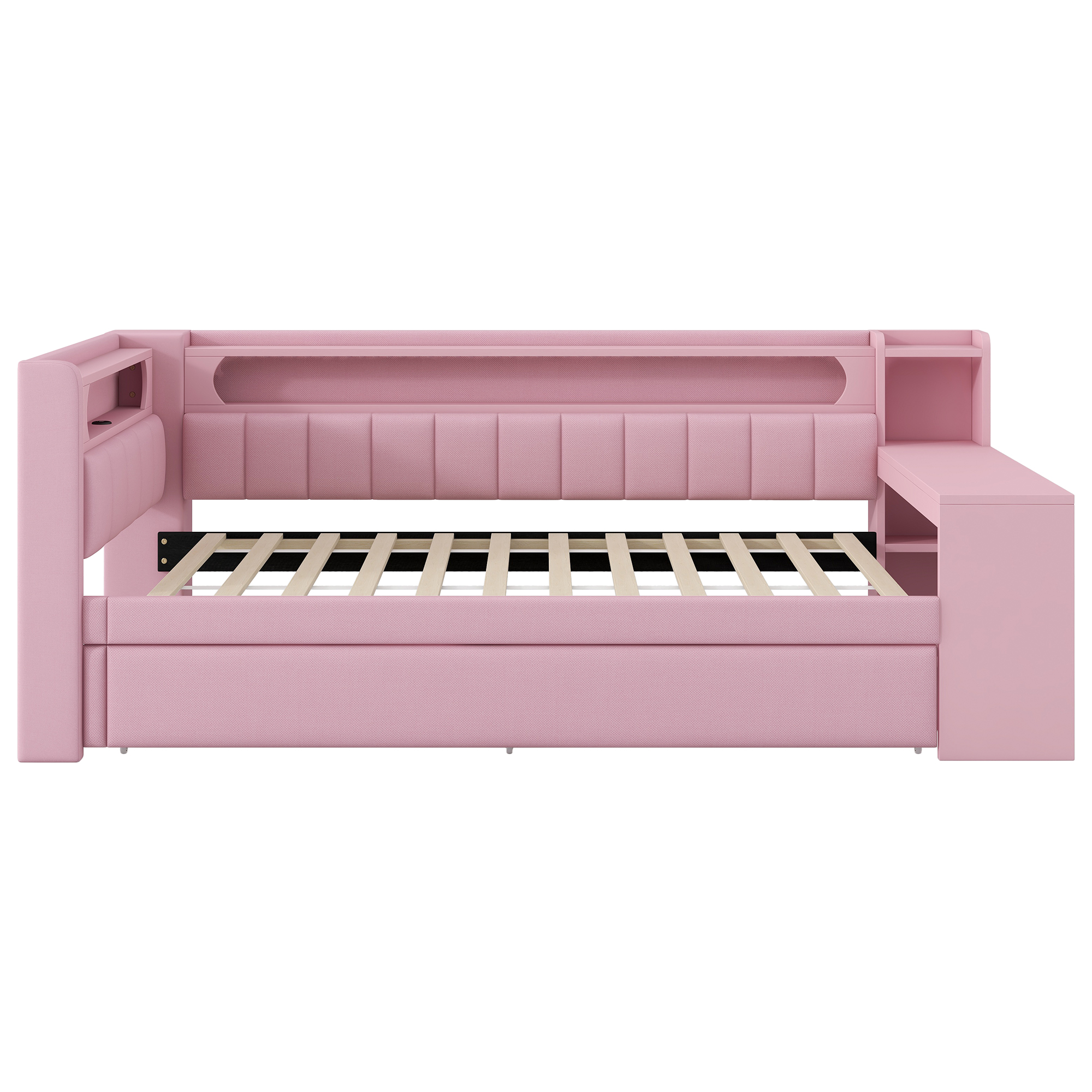 Lit banquette 90x200 cm,en bois,lit gigogne,rangement intégré,bureau intégré,éclairage LED,port USB,rose,lit 1 place