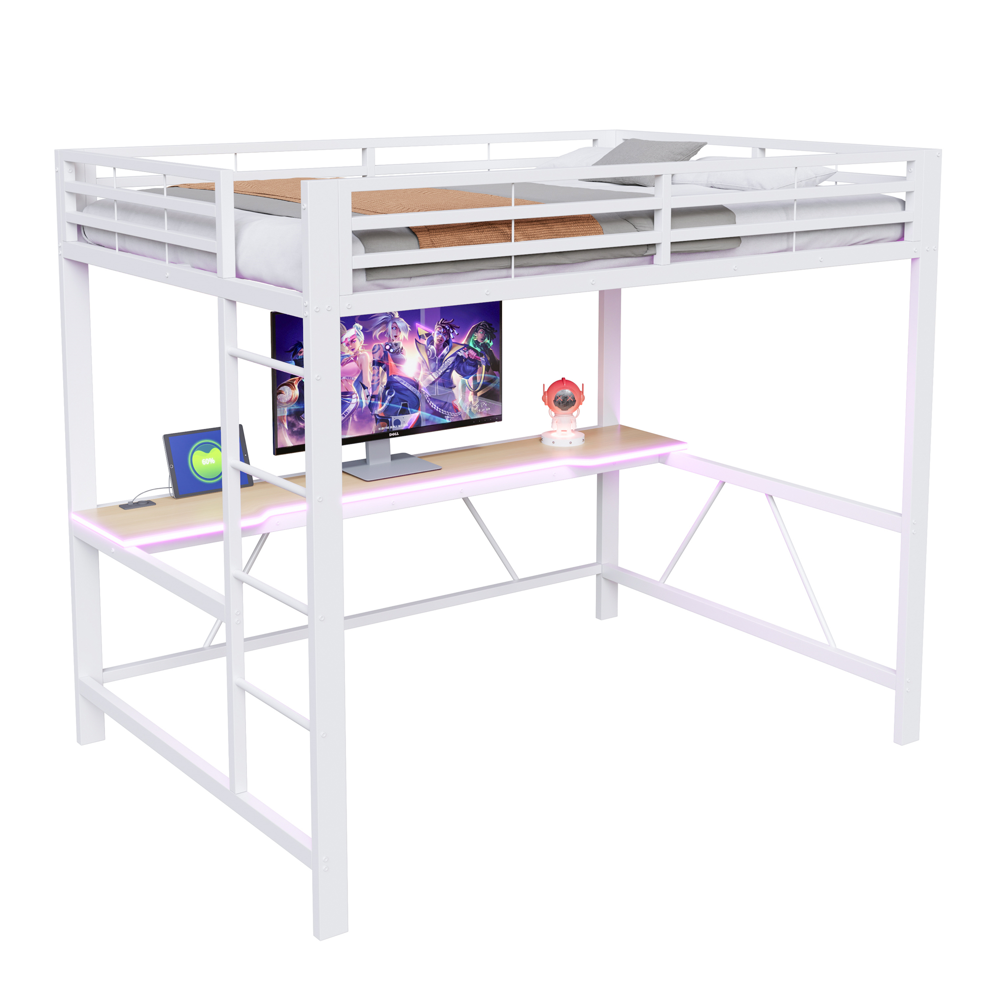 Lit mezzanine 140x200 cm,en métal,lit enfant,rangement intégré,bureau intégré,éclairage LED,port USB,blanc,lit mezzanine avec bureau