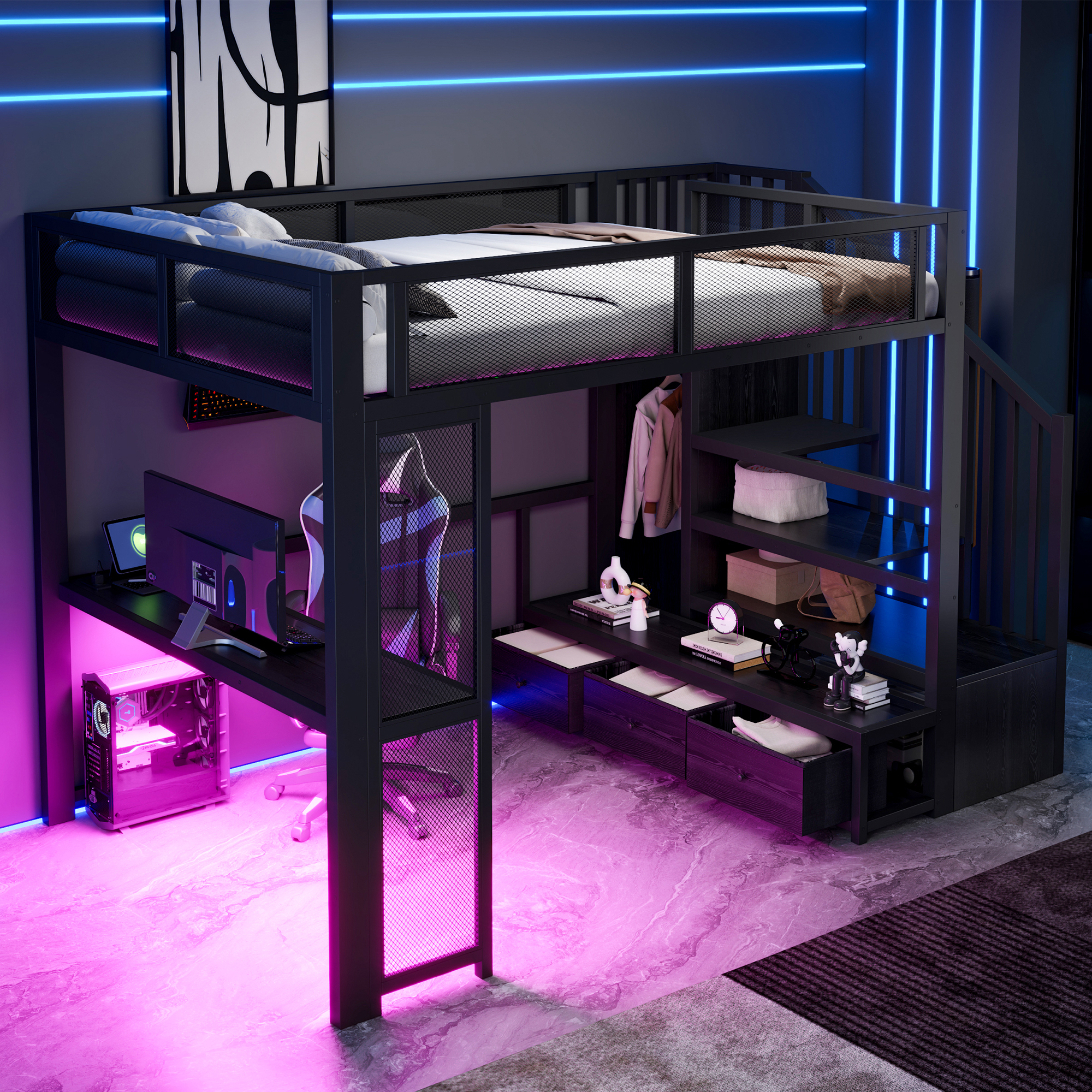 Détails lit mezzanine métal noir enfant