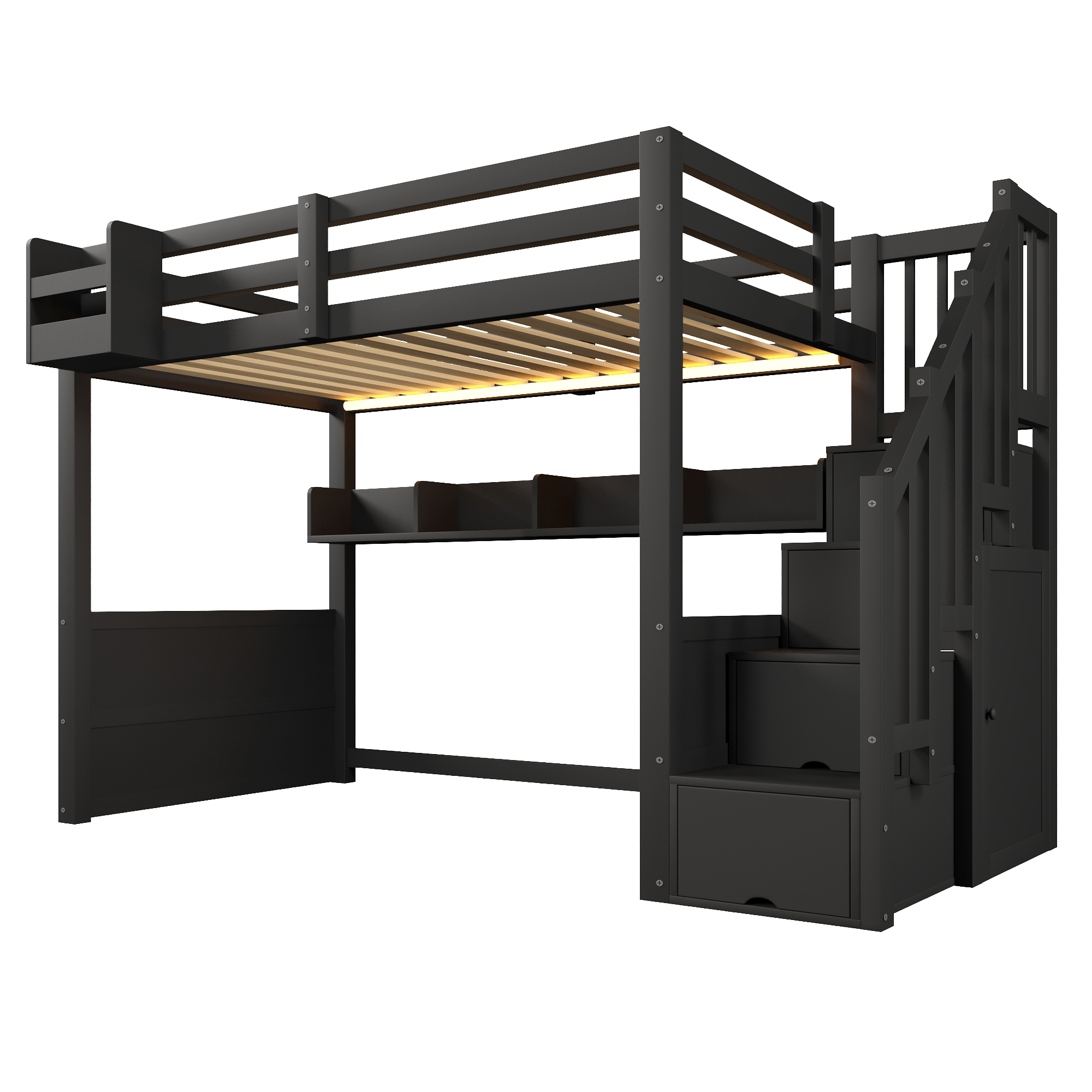 Lit mezzanine 90 x 200 cm, escalier de rangement, penderie intégrée, éclairage LED sous le couchage, garde-corps, bois de pin, noir, 253 x 95 x 170 cm - spécifications 1