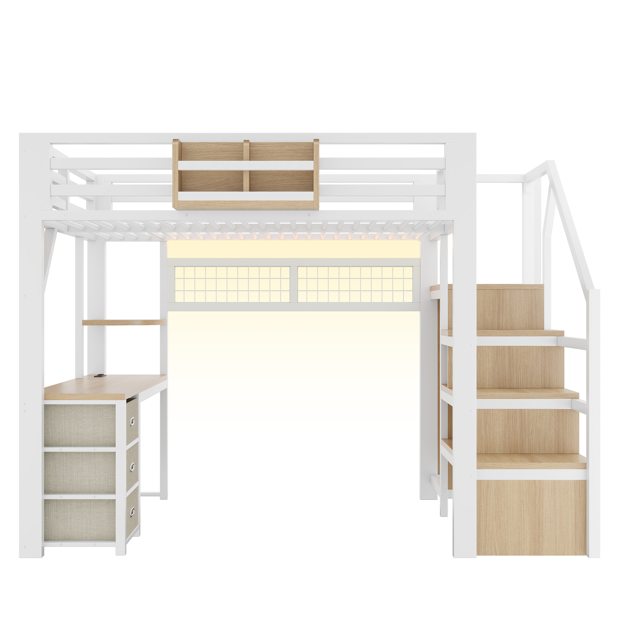 Lit mezzanine 140 x 200 cm, bureau intégré, escalier de rangement, penderie intégrée, 3 tiroirs, métal, blanc, 255 x 145 x 170 cm - présentation 1