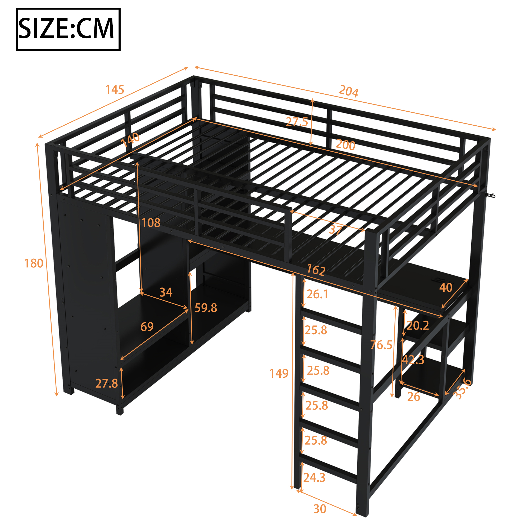 Lit mezzanine 140 x 200 cm, bureau intégré, échelle, penderie intégrée, éclairage LED au niveau du bureau, métal, noir, 204 x 145 x 180 cm - vue complémentaire 1