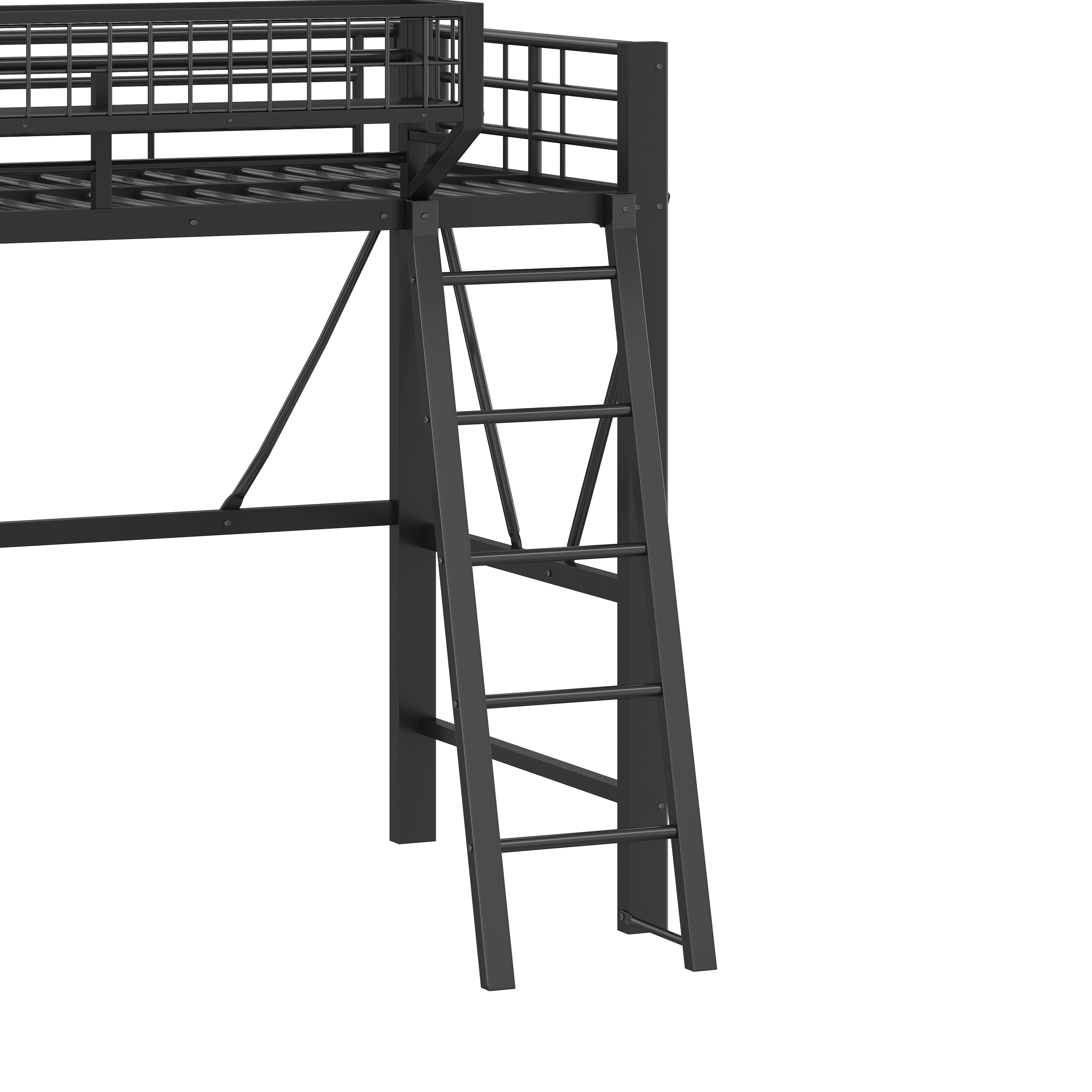 Lit mezzanine 90 x 200 cm, bureau intégré, escalier, éclairage LED sous le couchage, garde-corps, métal, noir, 204 x 124,5 x 180 cm - présentation 1