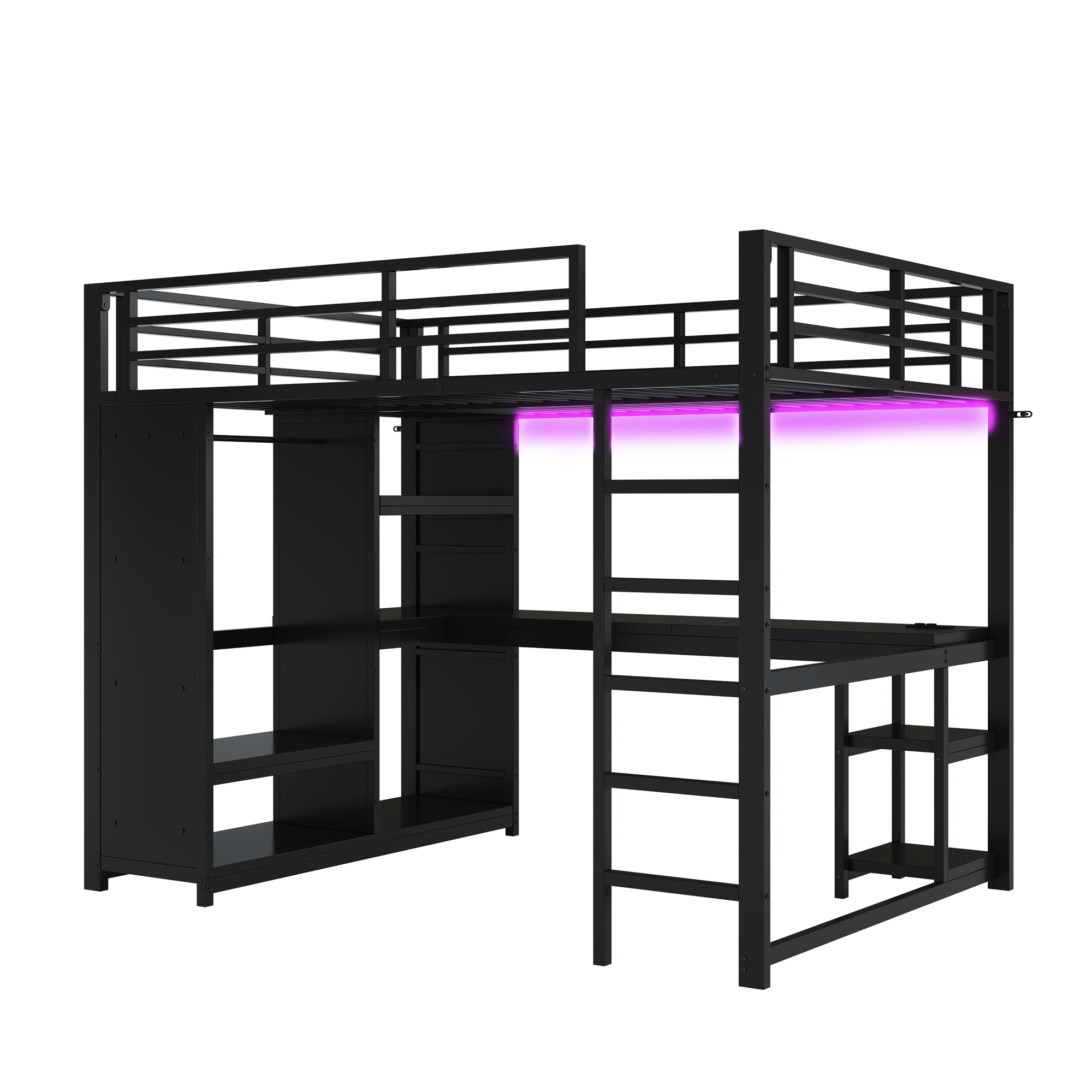 Lit mezzanine 140 x 200 cm, bureau intégré, échelle, penderie intégrée, éclairage LED au niveau du bureau, métal, noir, 204 x 145 x 180 cm - spécifications 1