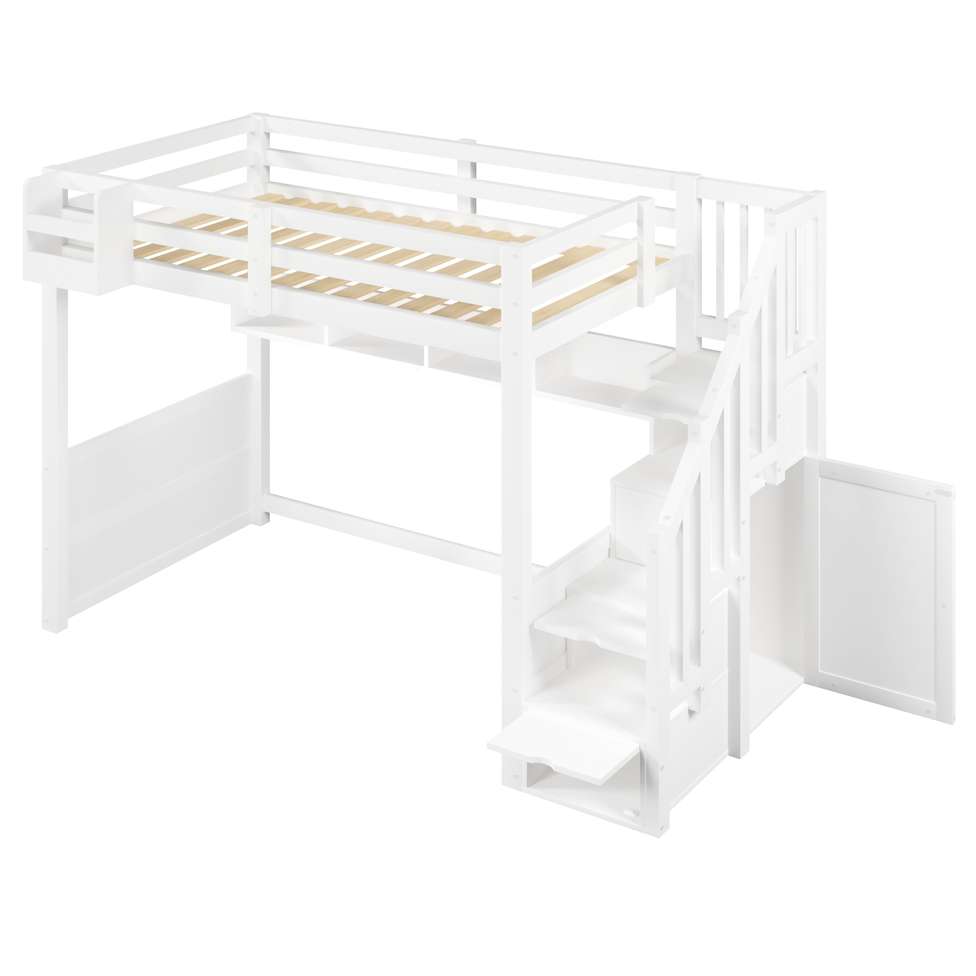 Lit mezzanine 90 x 200 cm, escalier de rangement, penderie intégrée, éclairage LED sous le couchage, garde-corps, bois de pin, blanc, 253 x 95 x 170 cm - points forts 1
