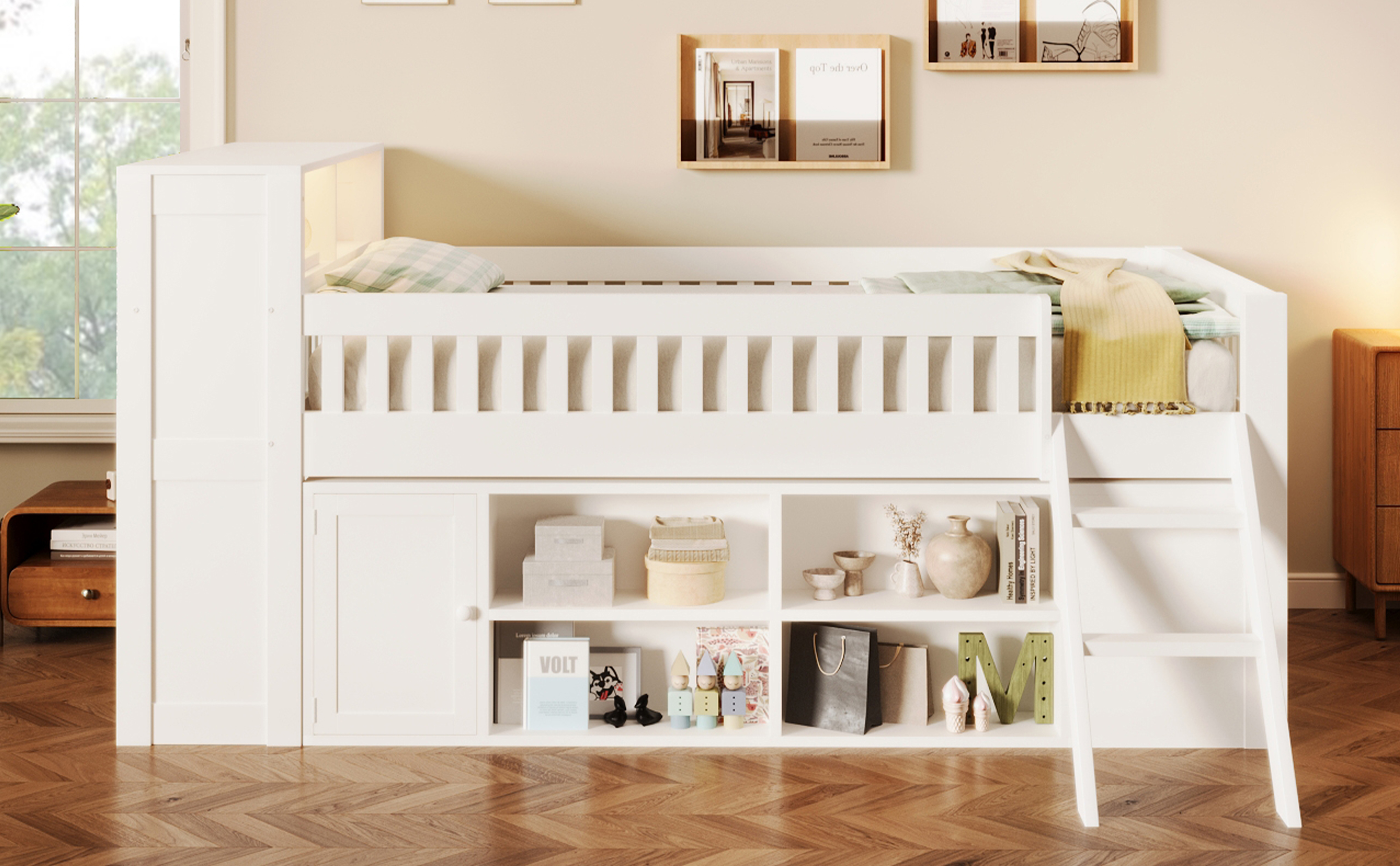 Lit mezzanine enfant 120x200 cm avec rangements armoire LED et garde-corps blanc