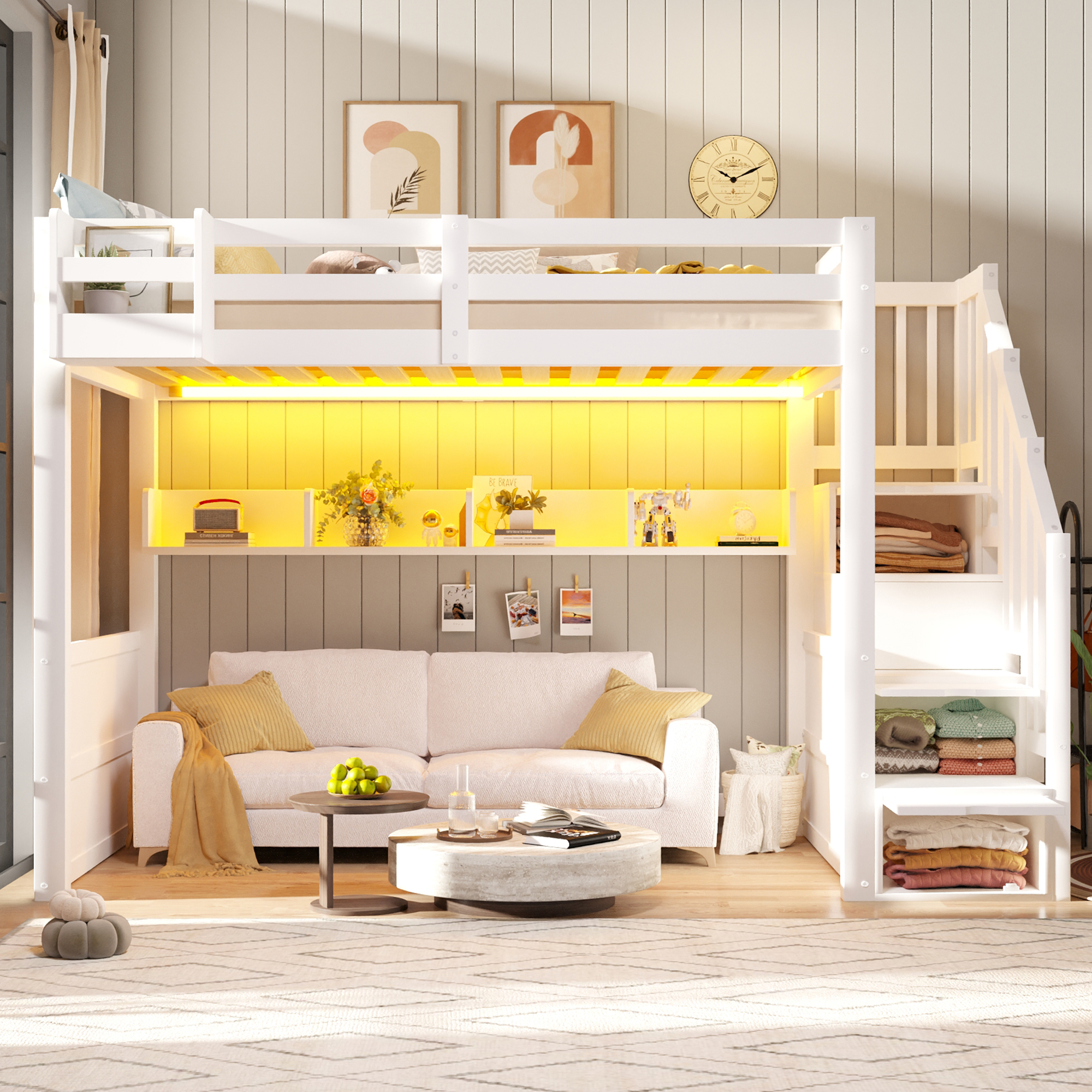 Lit mezzanine 90 x 200 cm, escalier de rangement, penderie intégrée, éclairage LED sous le couchage, garde-corps, bois de pin, blanc, 253 x 95 x 170 cm - présentation 1