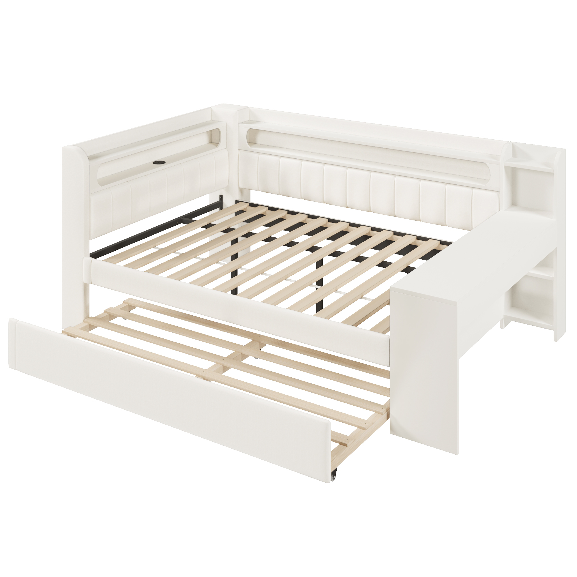 Lit banquette 140x200 cm,en bois,lit gigogne,rangement intégré,bureau intégré,éclairage LED,port USB,blanc,lit 2 places