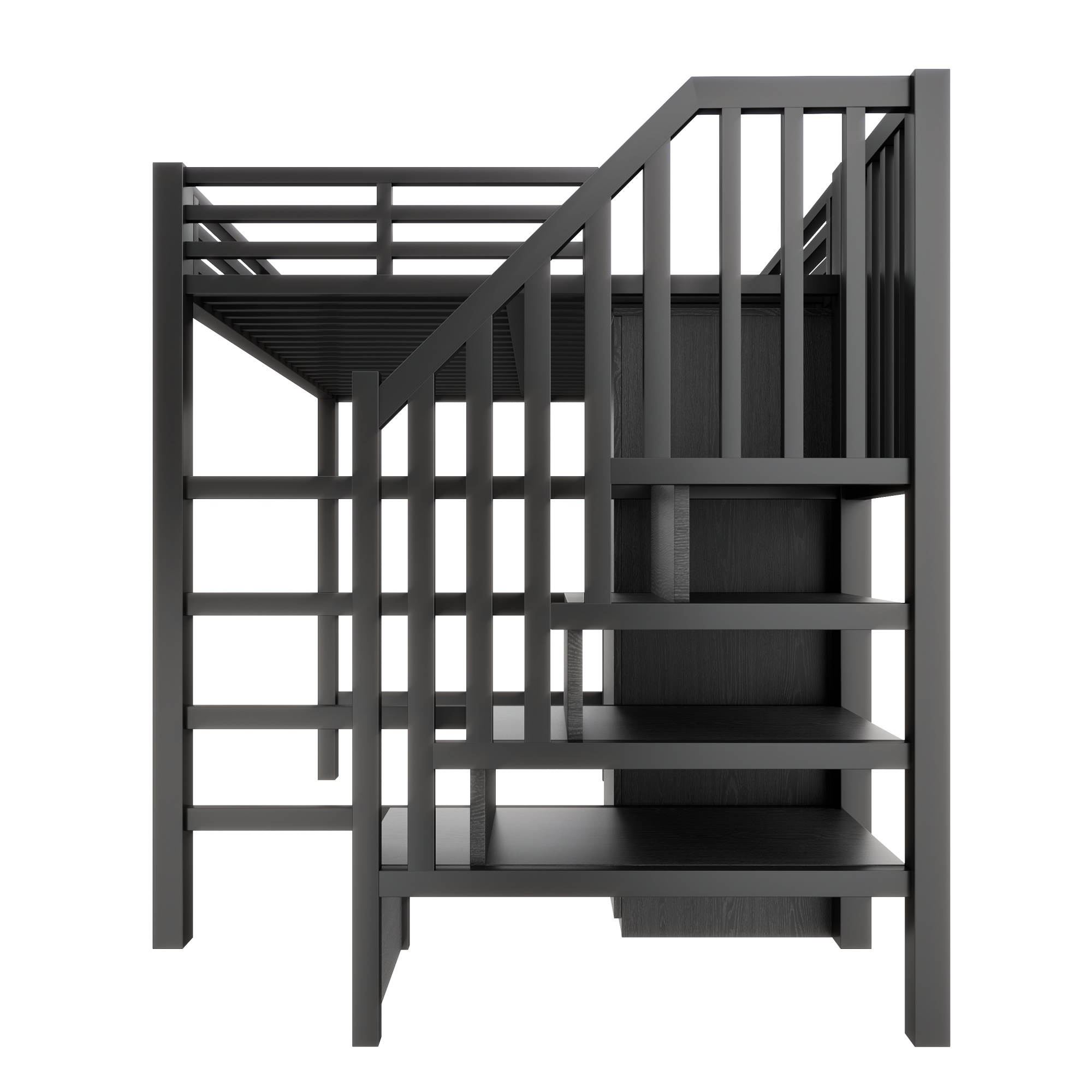 Lit mezzanine 140 x 200 cm, bureau intégré, escalier de rangement, penderie intégrée, éclairage LED au niveau du bureau, métal, noir, 251 x 144 x 149,4 cm - points forts 1