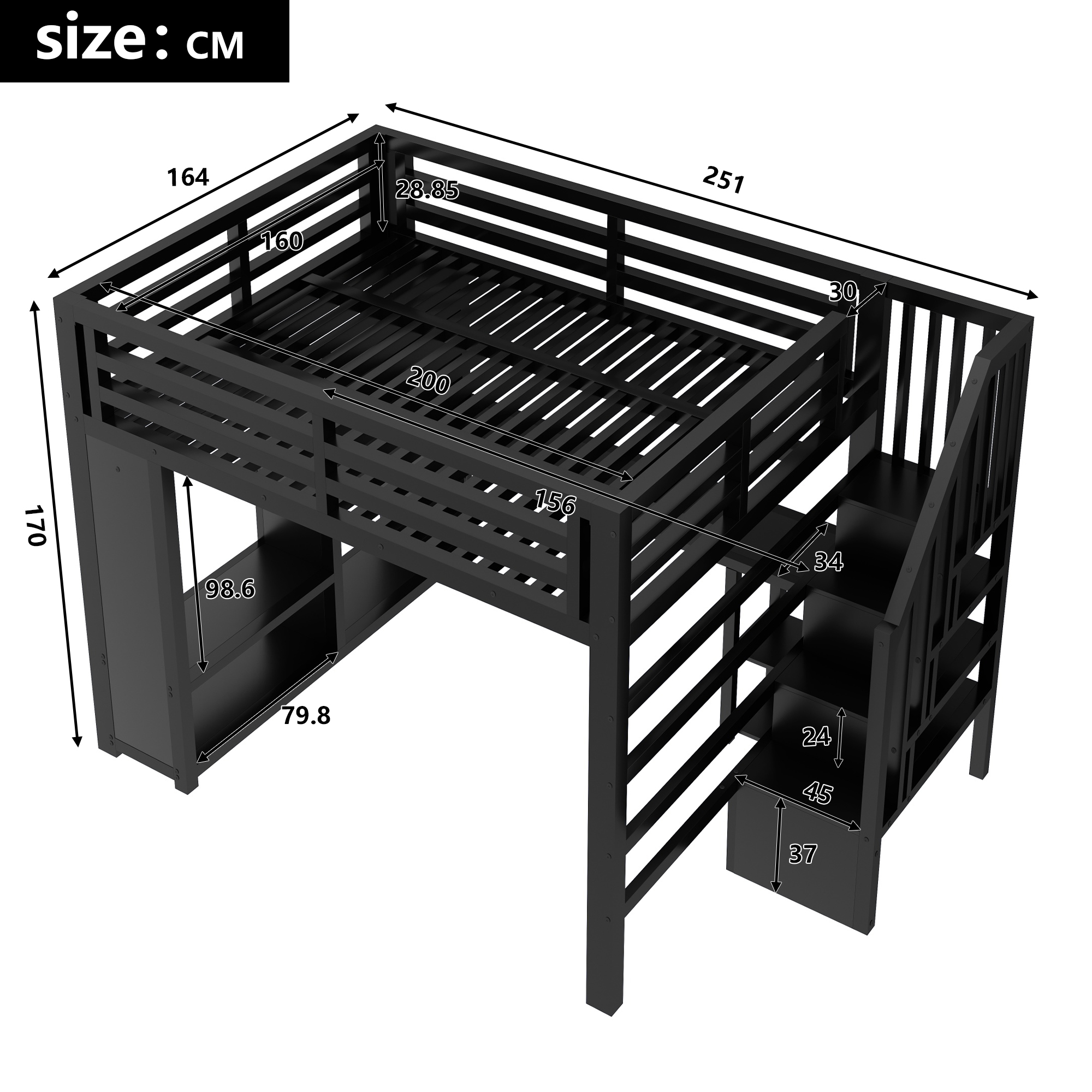 Lit mezzanine 160 x 200 cm avec éclairage LED, port USB / Type-C, rangements intégrés, bureau intégré, noir - vue complémentaire 1
