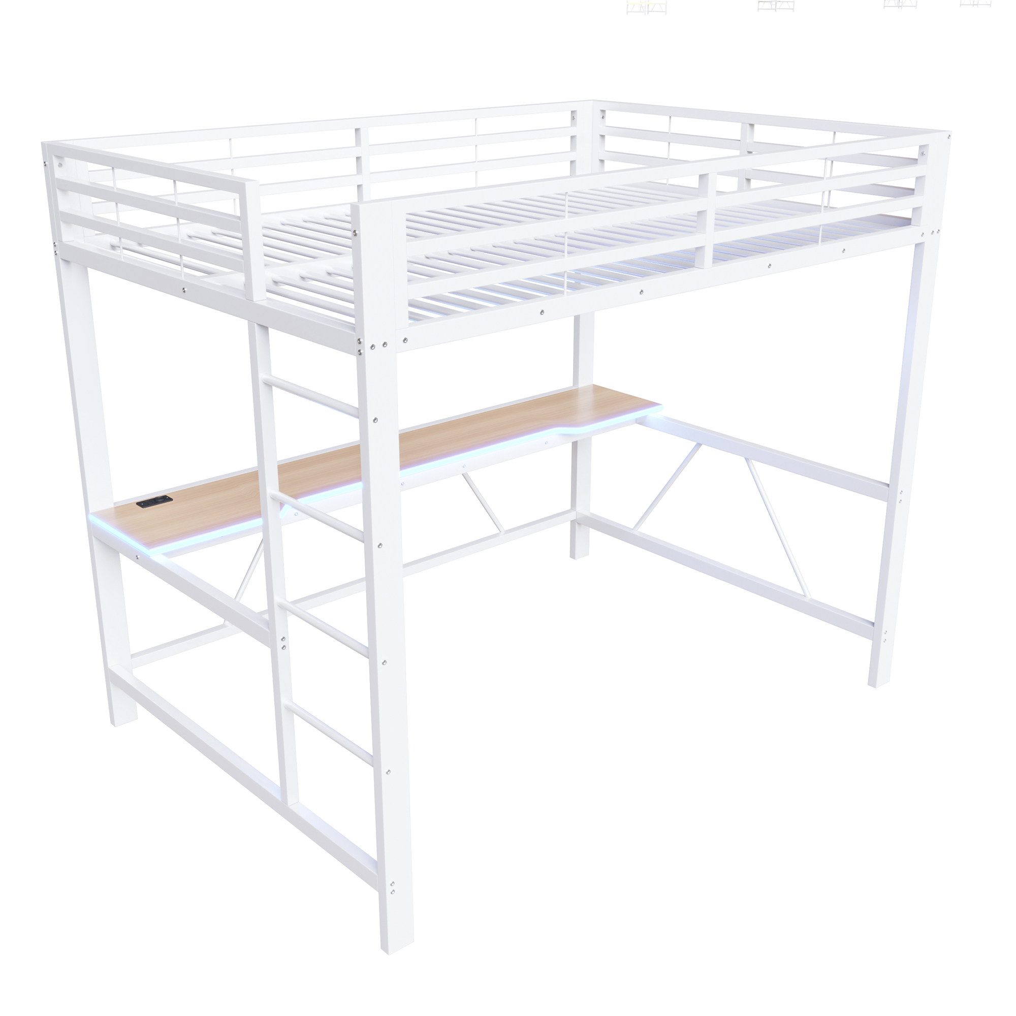 Lit mezzanine 140 x 200 cm, bureau intégré, éclairage LED sous le couchage, port USB, garde-corps, métal, blanc, 204 x 145 x 180 cm - présentation 1