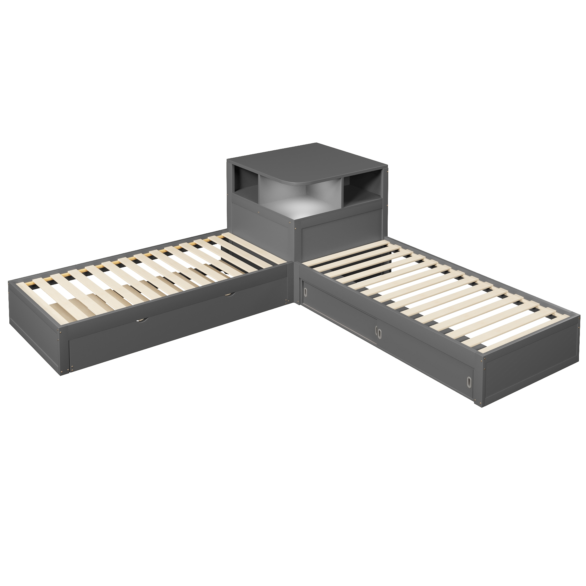 Lit plateforme 90x200 cm,en bois,lit enfant,lit gigogne,rangement à portes coulissantes,éclairage LED,gris