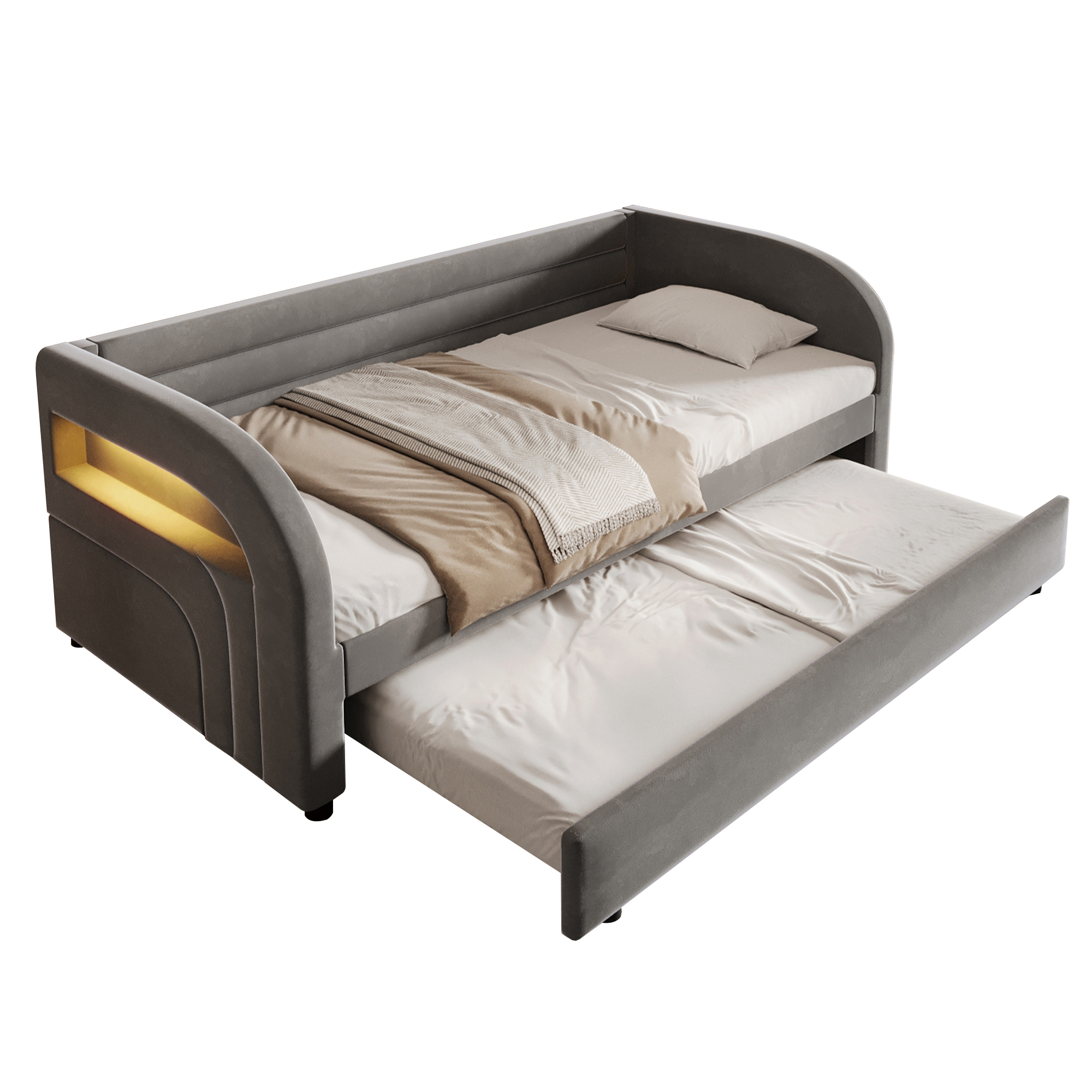 Lit plateforme 90x200 cm avec lit gigogne, LED flannelette gris - spécifications 1