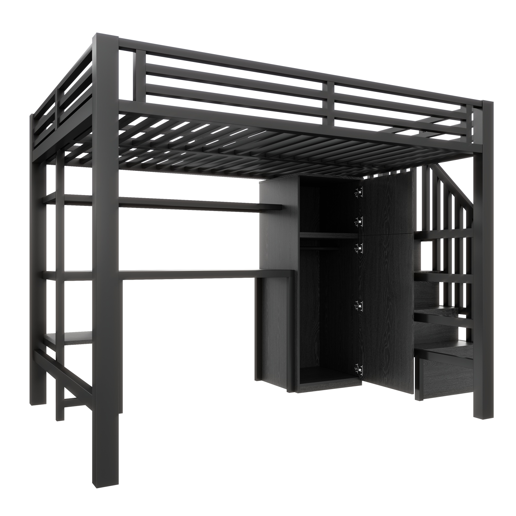 Lit mezzanine 140 x 200 cm, bureau intégré, escalier de rangement, penderie intégrée, éclairage LED au niveau du bureau, métal, noir, 251 x 144 x 149,4 cm - spécifications 1