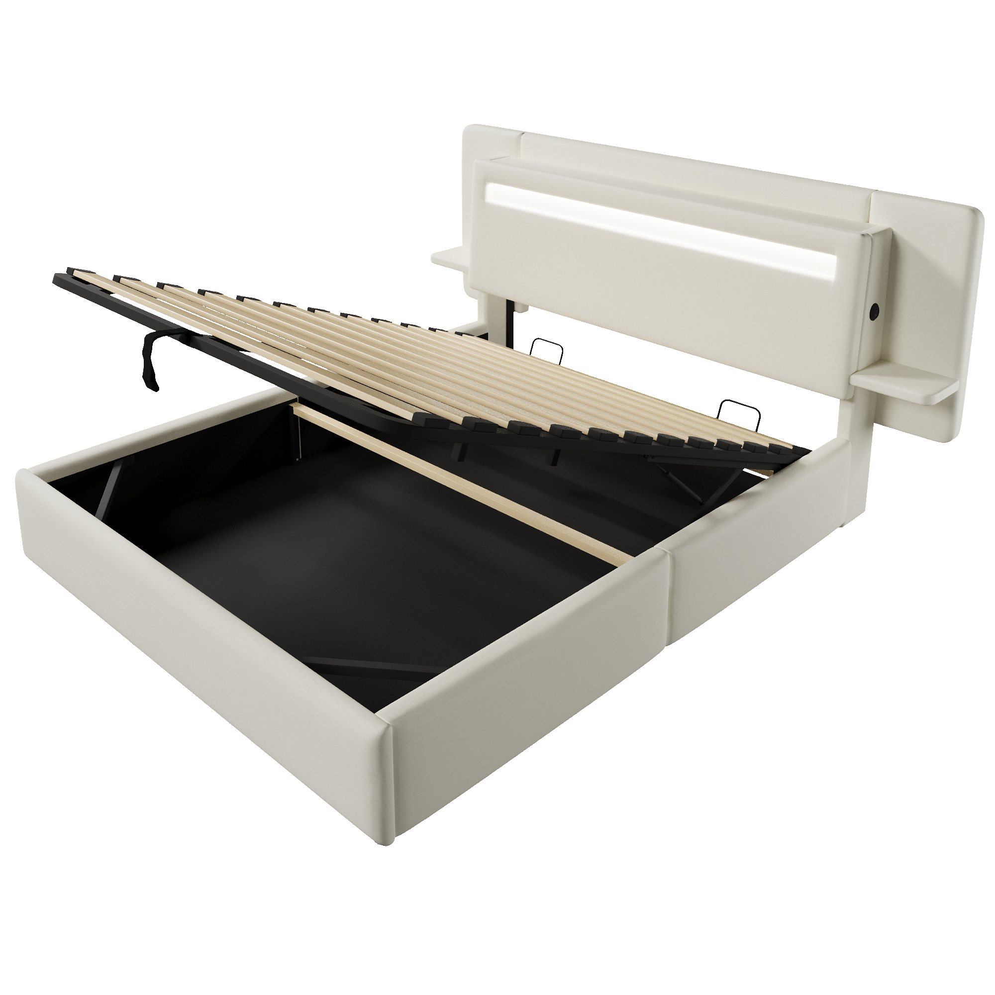 Lit banquette 140x200 cm,en lin,coffre de rangement hydraulique,éclairage LED,port USB,beige,lit 2 places,lit avec coffre de rangement