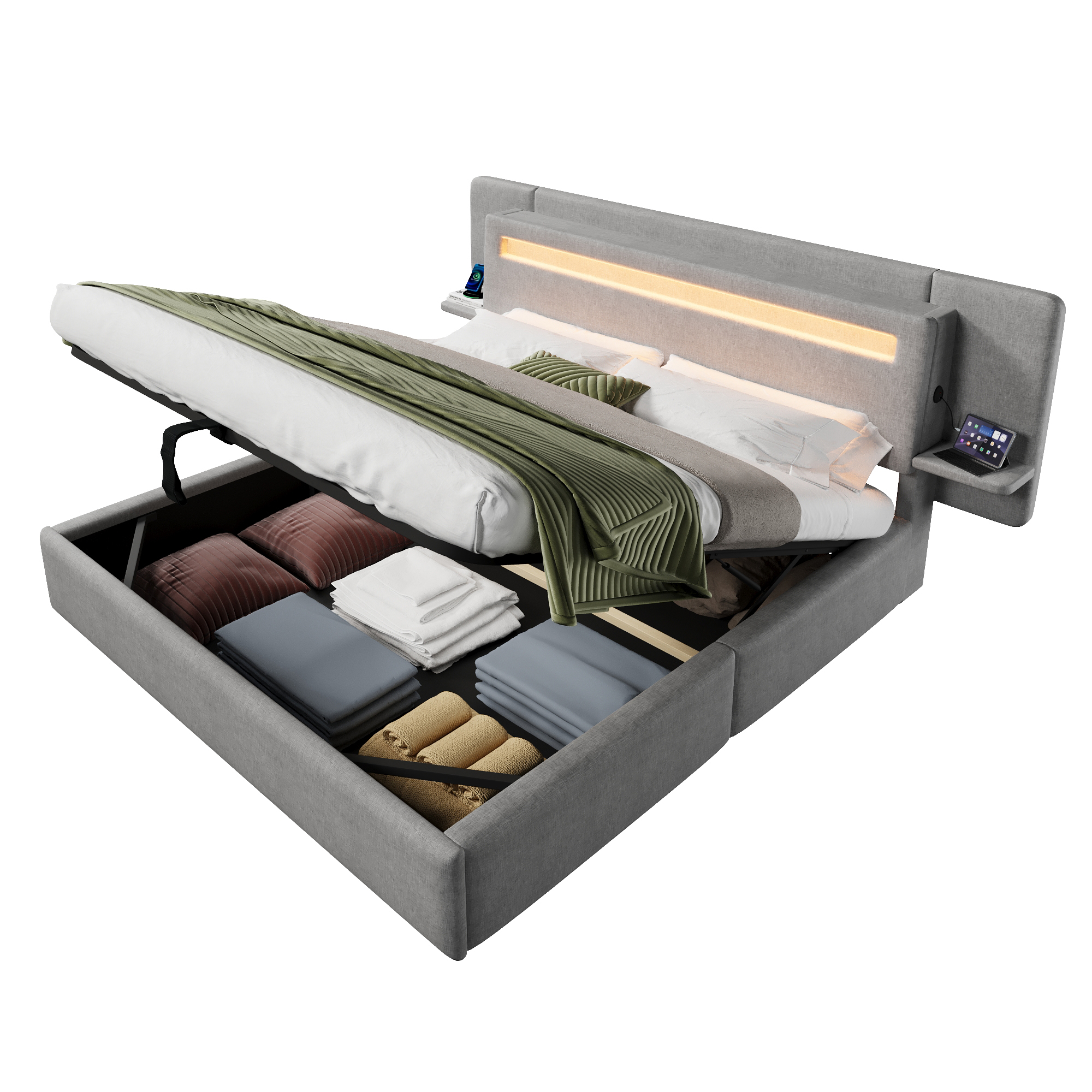 Lit banquette 180x200 cm,en lin,coffre de rangement hydraulique,éclairage LED,port USB,gris,lit 2 places,lit avec coffre de rangement