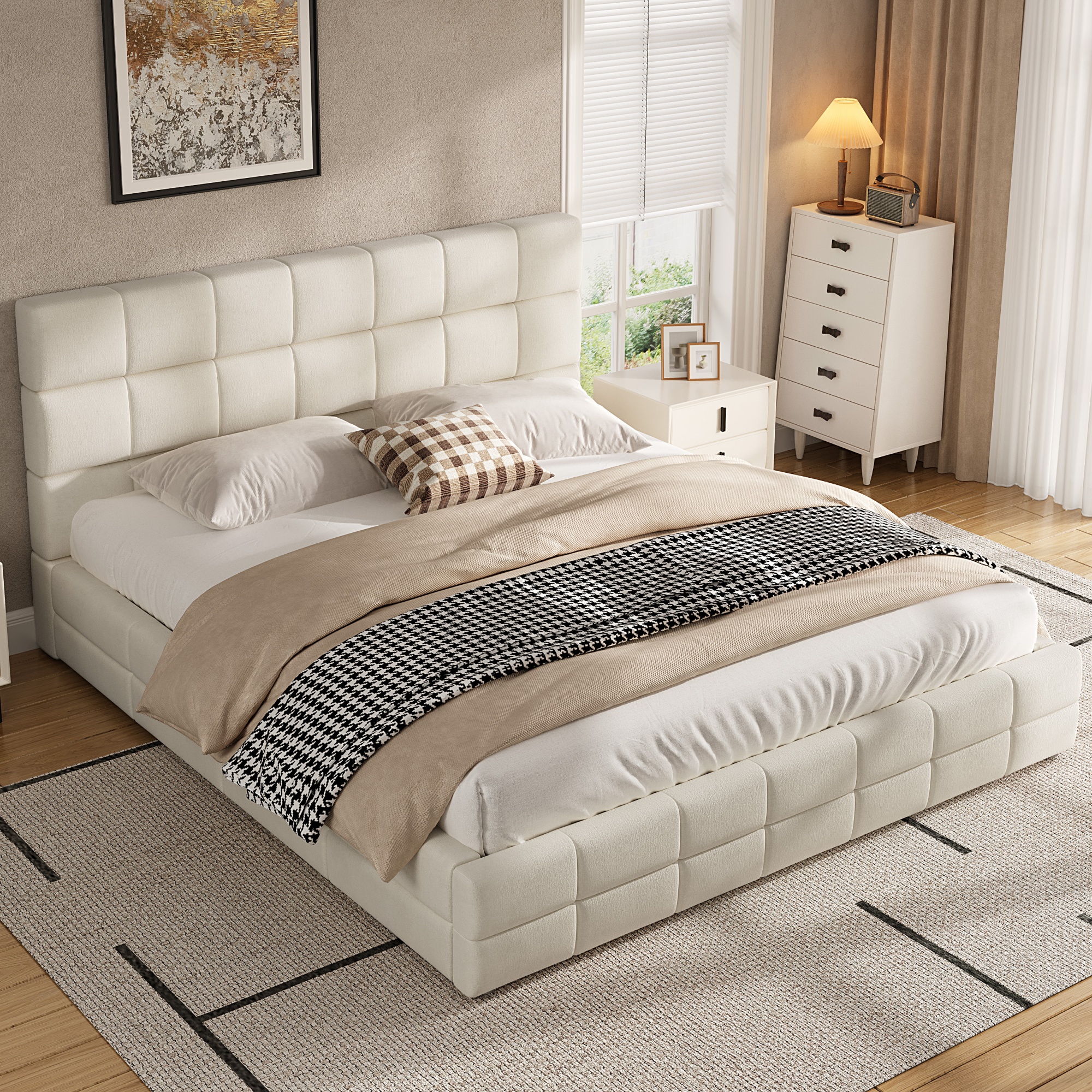 Lit plateforme tapissier beige 180x200 velours