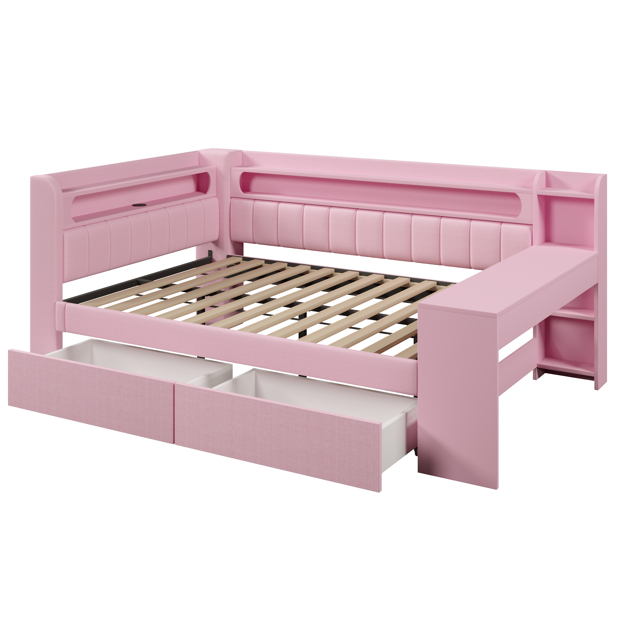Lit banquette 140x200 cm,en bois,tiroirs de rangement,bureau intégré,éclairage LED,port USB,rose,lit 2 places,lit avec rangement intégré