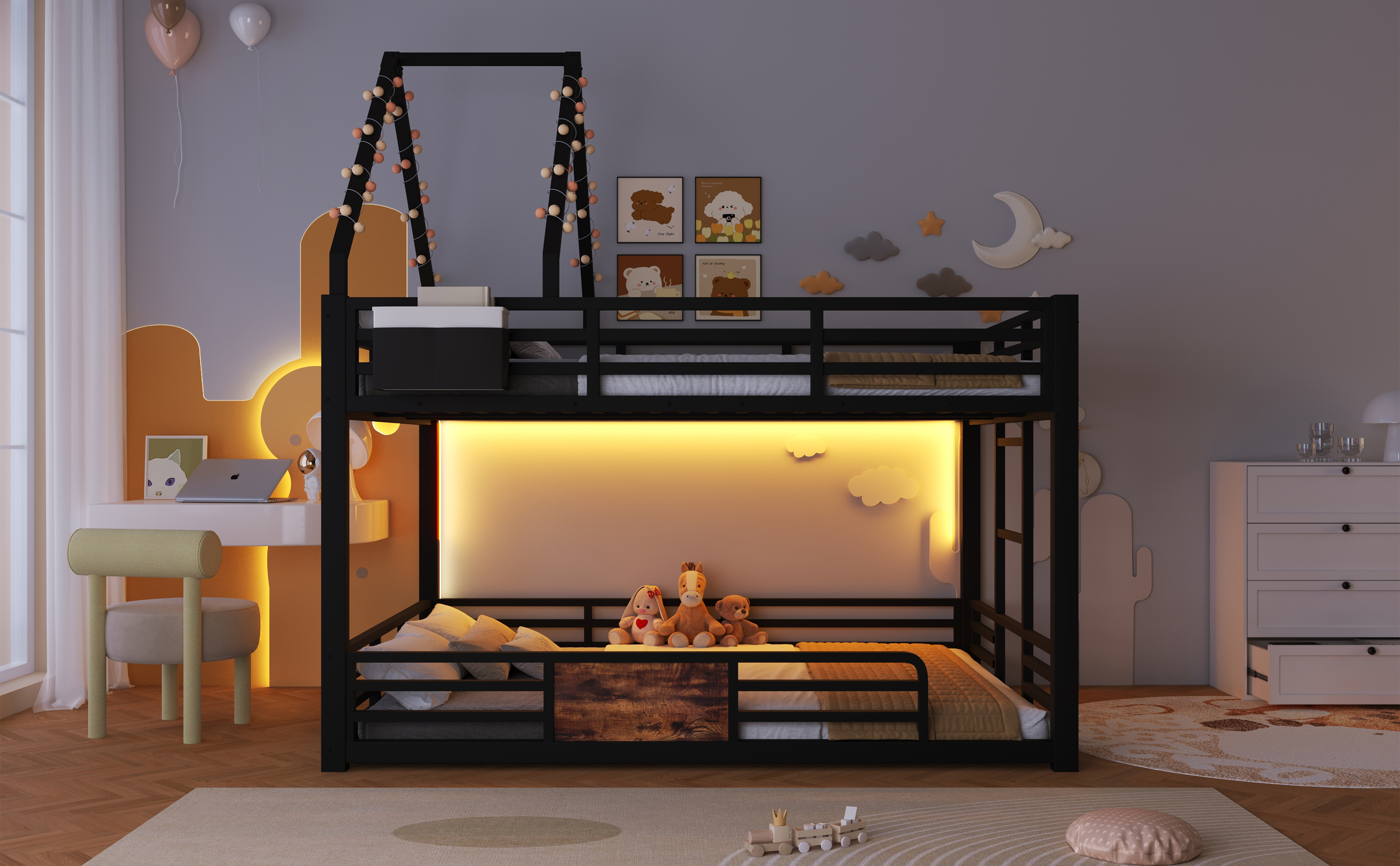 Lit cabane mezzanine enfant 140x200 cm avec LED et structure métal noir