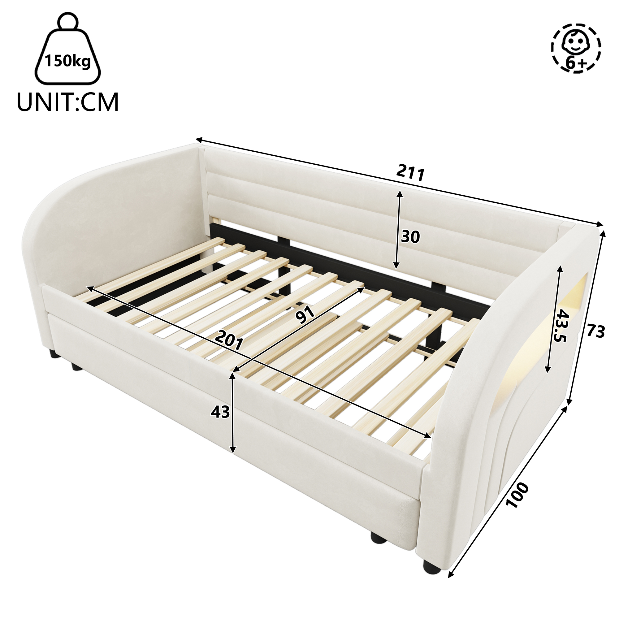 Lit plateforme 90x200 cm avec lit gigogne, LED flannelette beige - points forts 1