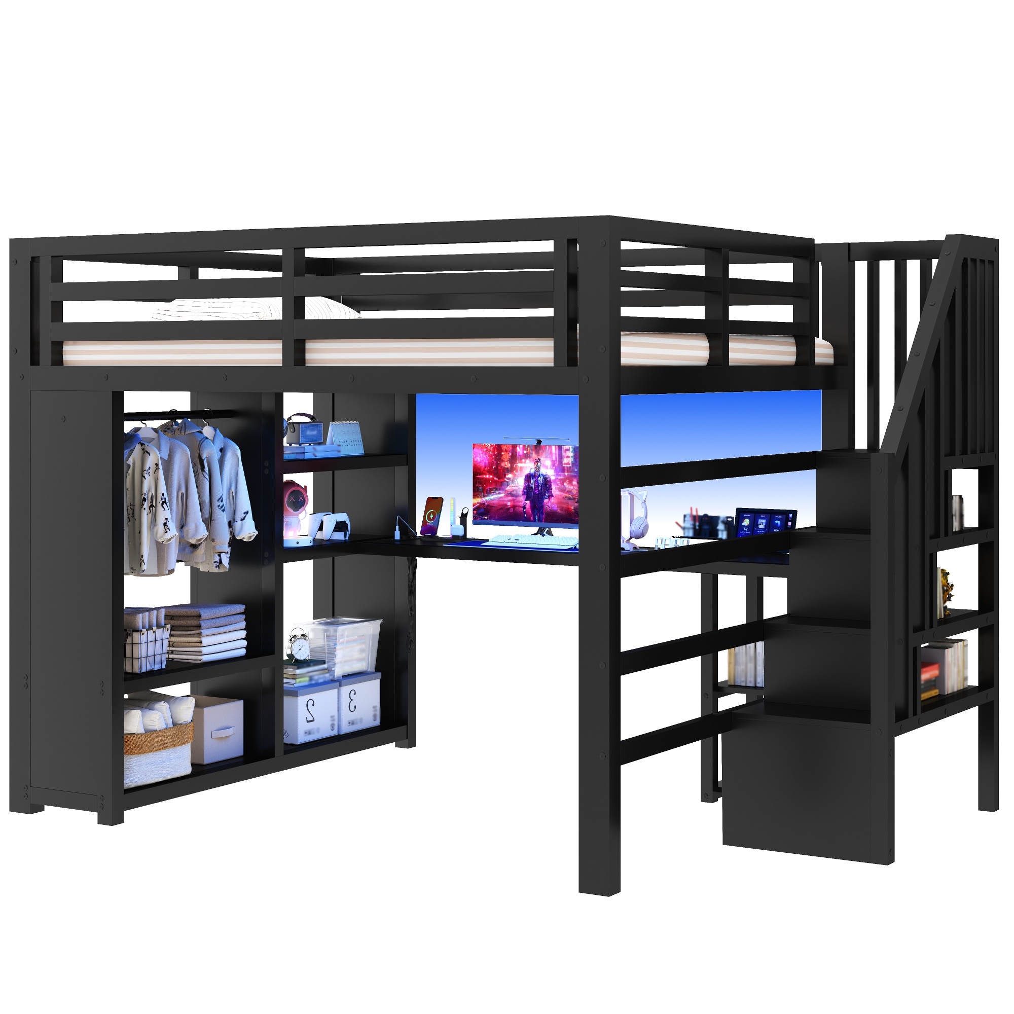 Lit mezzanine 160 x 200 cm avec éclairage LED, port USB / Type-C, rangements intégrés, bureau intégré, noir - points forts 1