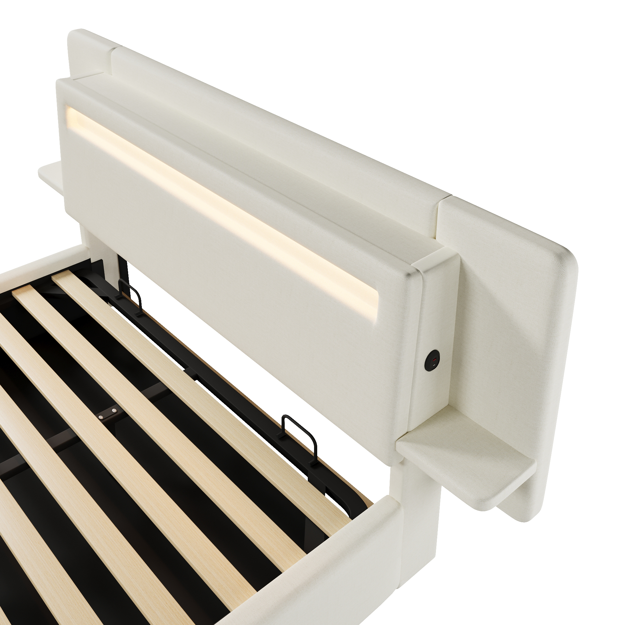 Lit banquette 140x200 cm,en lin,coffre de rangement hydraulique,éclairage LED,port USB,beige,lit 2 places,lit avec coffre de rangement