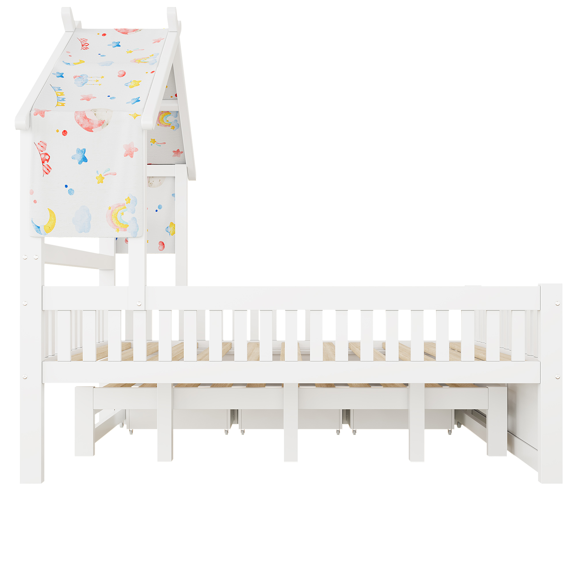 Lit cabane 140x200 cm,en bois,lit enfant,lit gigogne,port USB,blanc