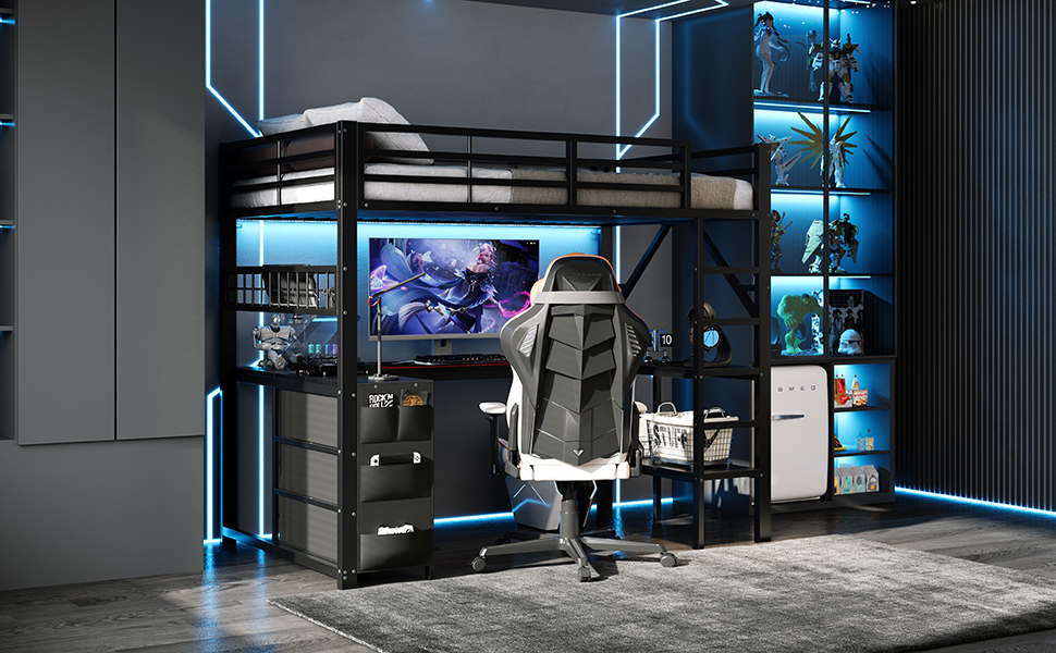 Lit mezzanine en métal noir 90x200 cm avec bureau en U et rangements