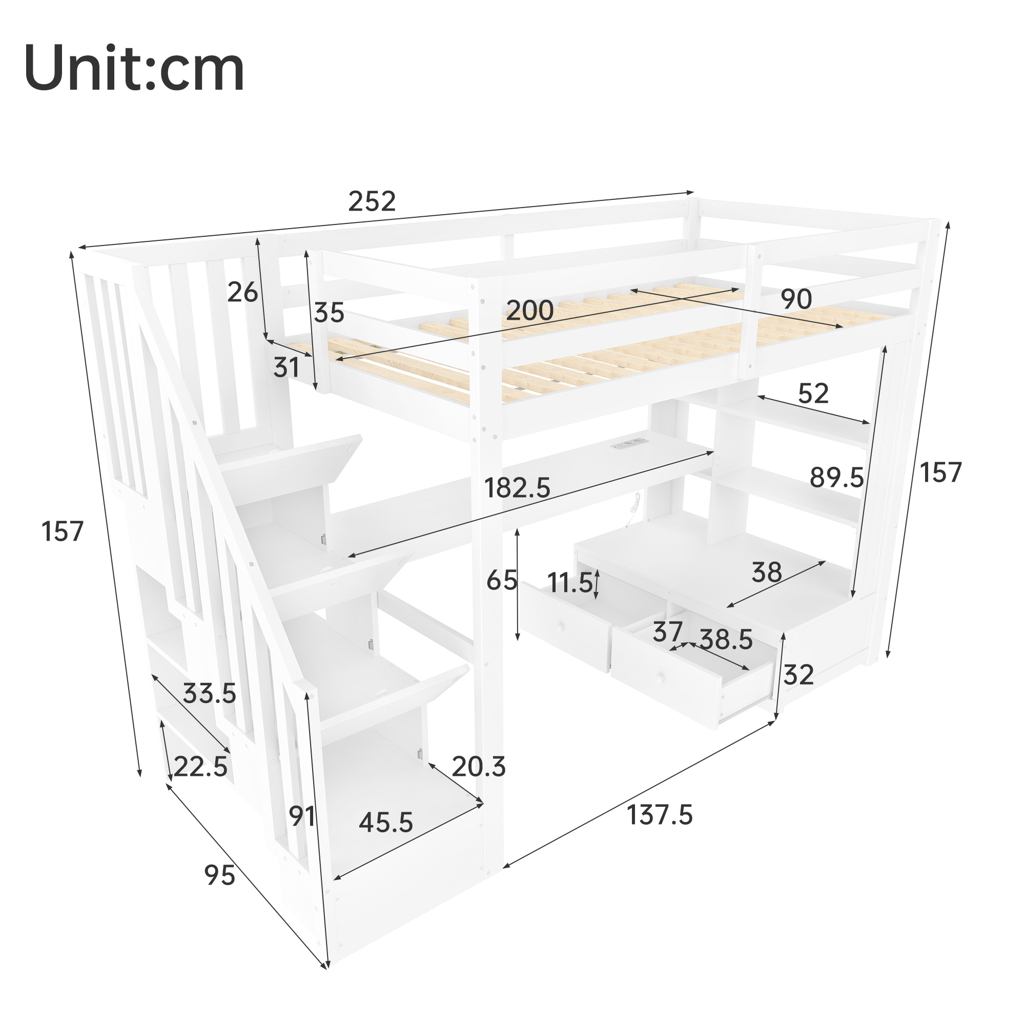 Détails du lit mezzanine enfant avec bureau