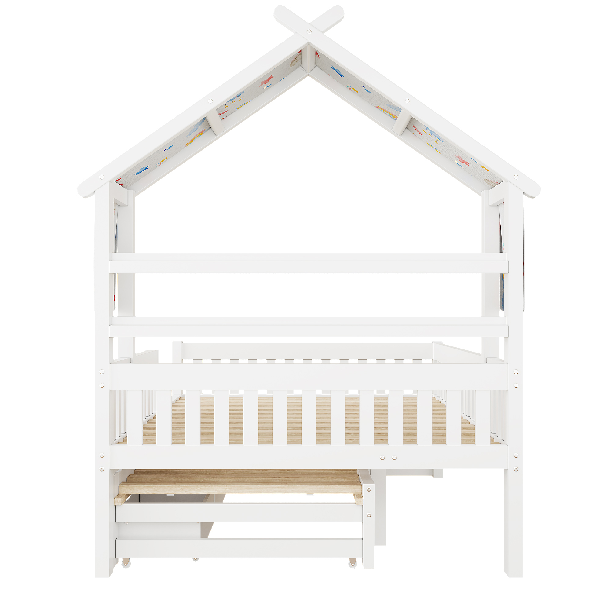 Lit cabane 140x200 cm,en bois,lit enfant,lit gigogne,port USB,blanc