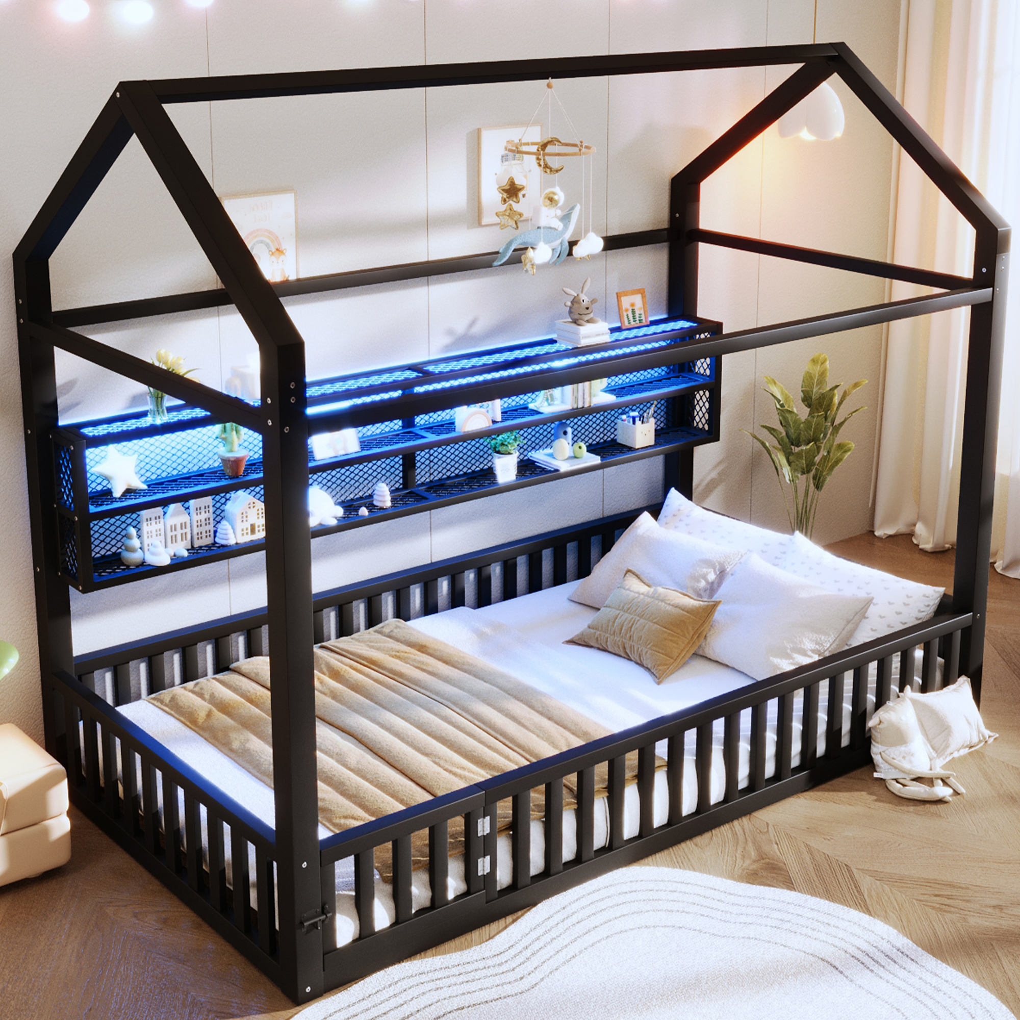 Lit plateforme 90 x 200 cm, design cabane, éclairage LED sous le couchage, garde-corps, métal, noir, 204 x 95 x 170 cm 🏠 - vue principale 1