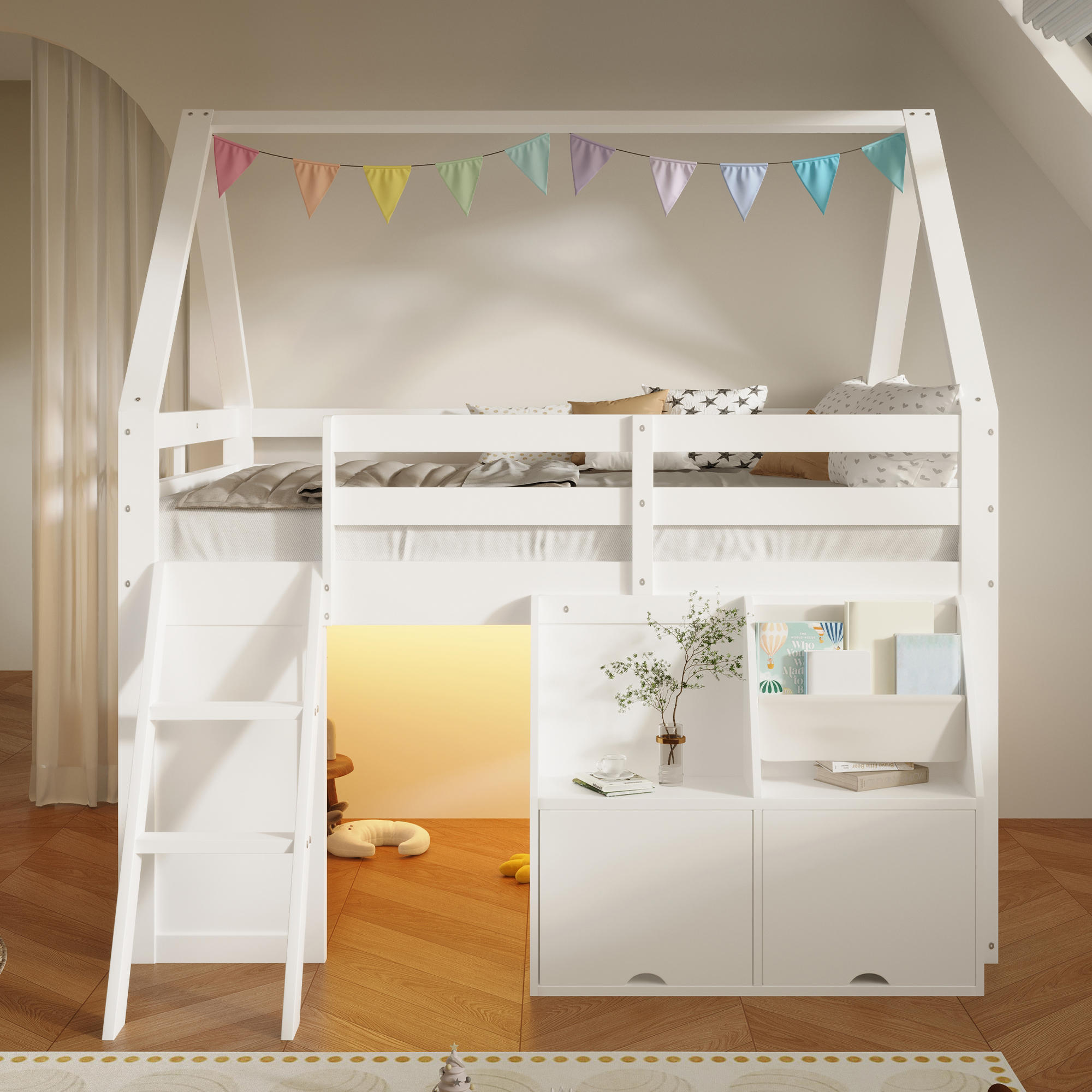 Lit mezzanine 140 x 200 cm avec éclairage LED, rangements intégrés, blanc - présentation 1